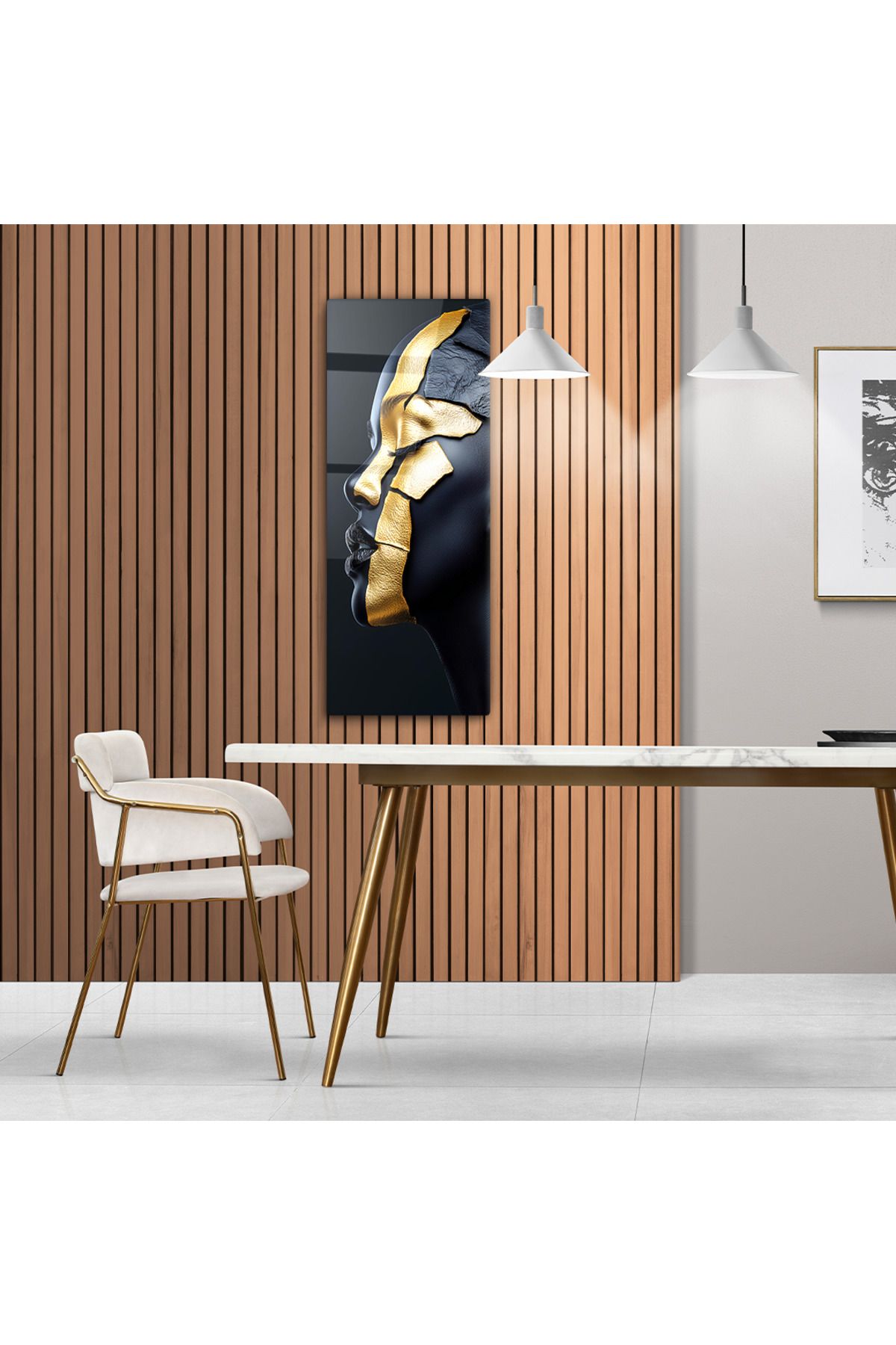 PoyKilArt Cam Tablo - Altın Detaylı Kadın Model Panoramik Tablo - Duvar dekorasyonu - Ofis dekorasyonu