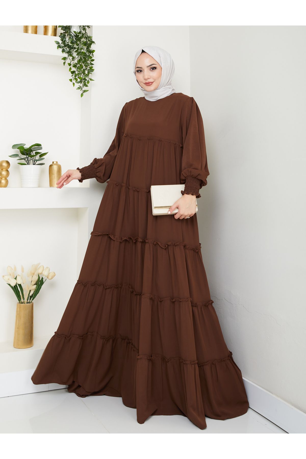 EFSUN MODA KATLI ELBİSE GİPELİ MANŞET KOLU TESETTÜR ELBİSE