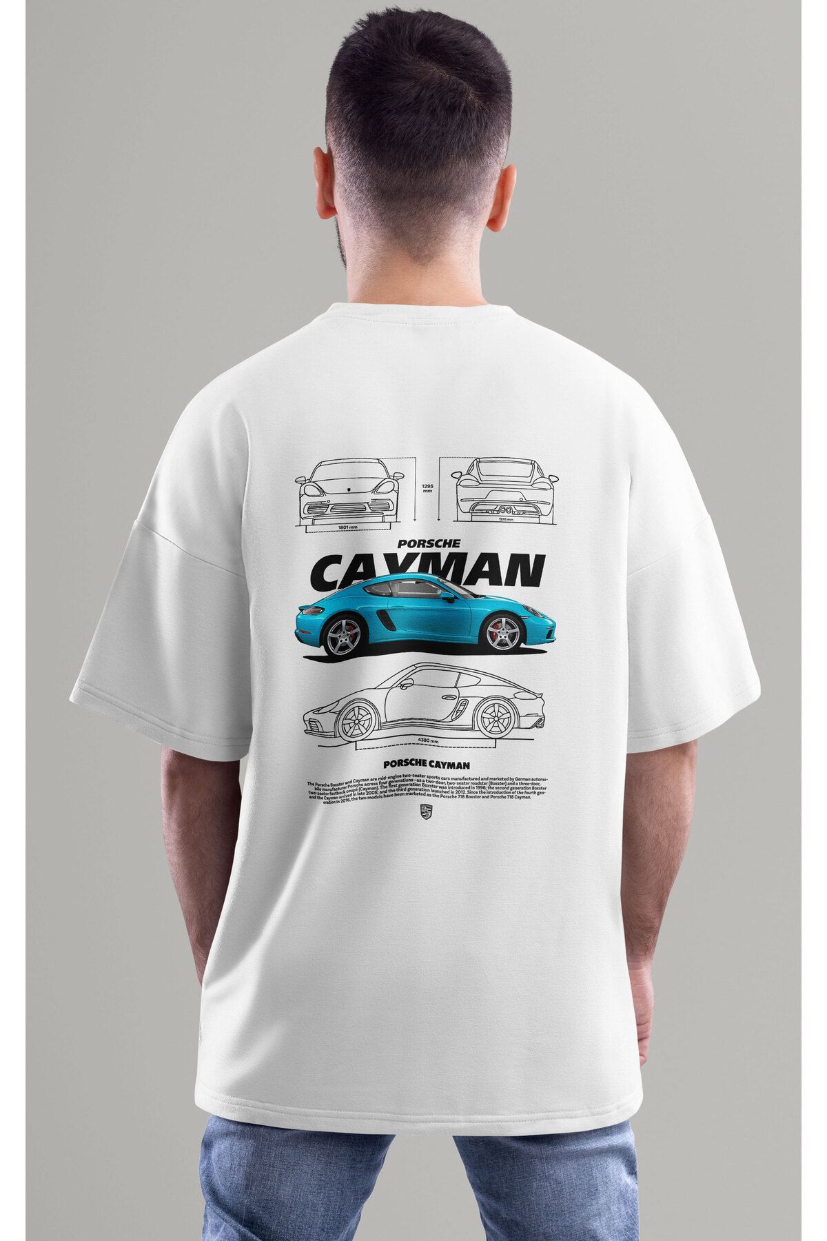 ELFAMİ Unisex Erkek/Kadın PORSCHE CAYMAN Renkli Özel Baskılı Oversize Pamuklu Bisiklet Yaka T-Shirt Tişört
