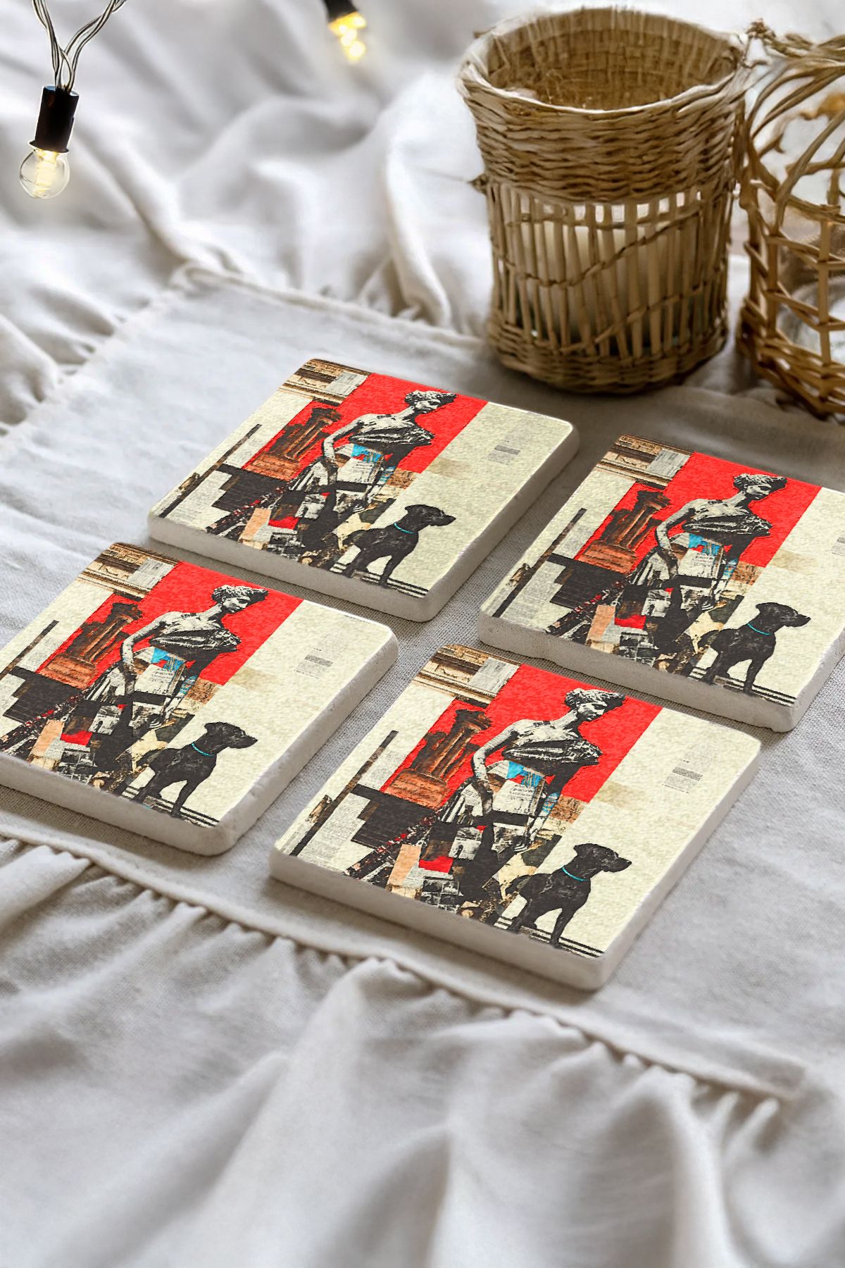 Sionar Leionnetta Desenleri Taş Traverten Fincan Bardak Altlığı 4'lü Set 10x10x1cm