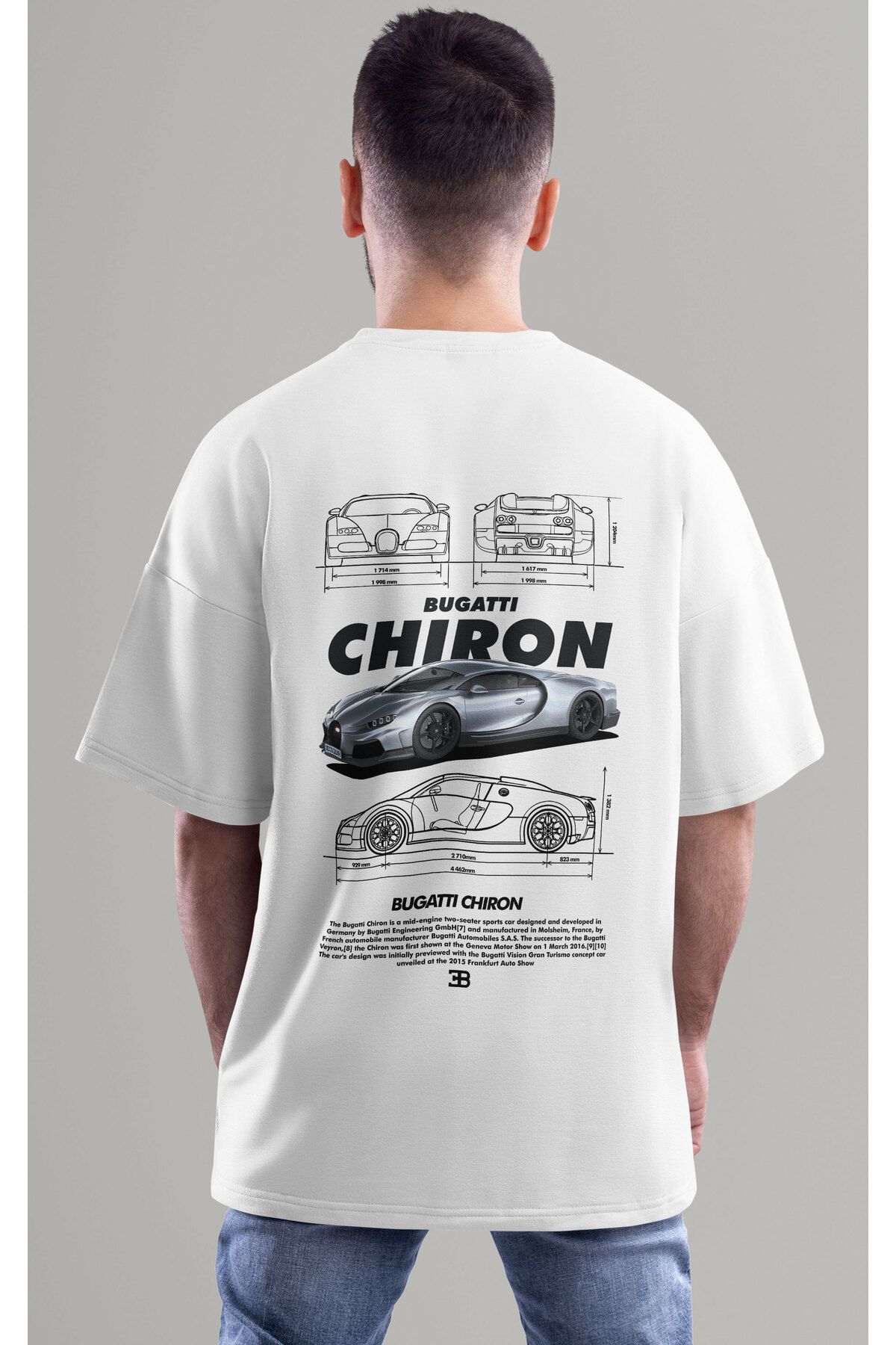 ELFAMİ Unisex Erkek/Kadın BUGATTI CHIRON Renkli Özel Baskılı Oversize Pamuklu Bisiklet Yaka T-Shirt Tişört