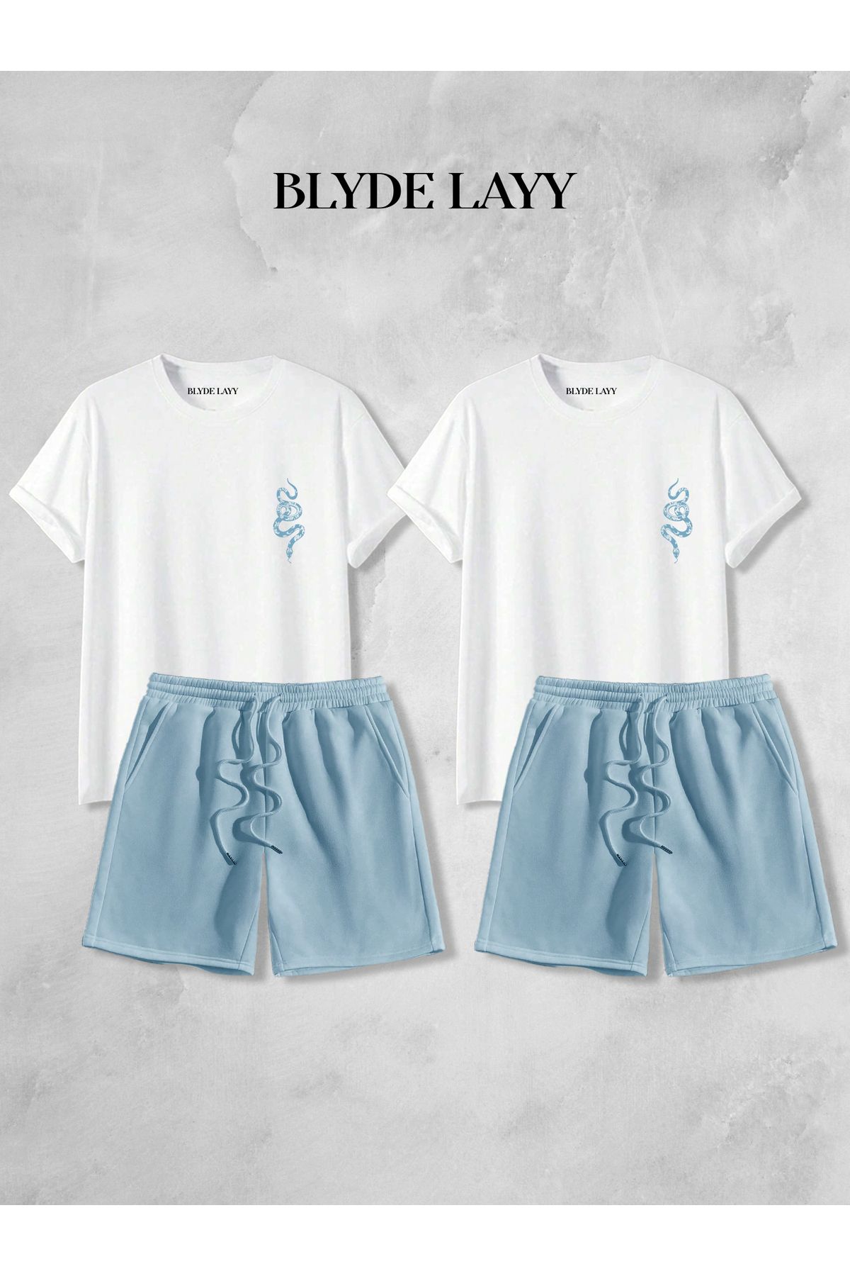 BLYDE LAYY Unisex 2'li Yılan Baskılı Blyde Layy Tasarım Sevgili Kombini (2 Şort - 2 T-shirt Takım)