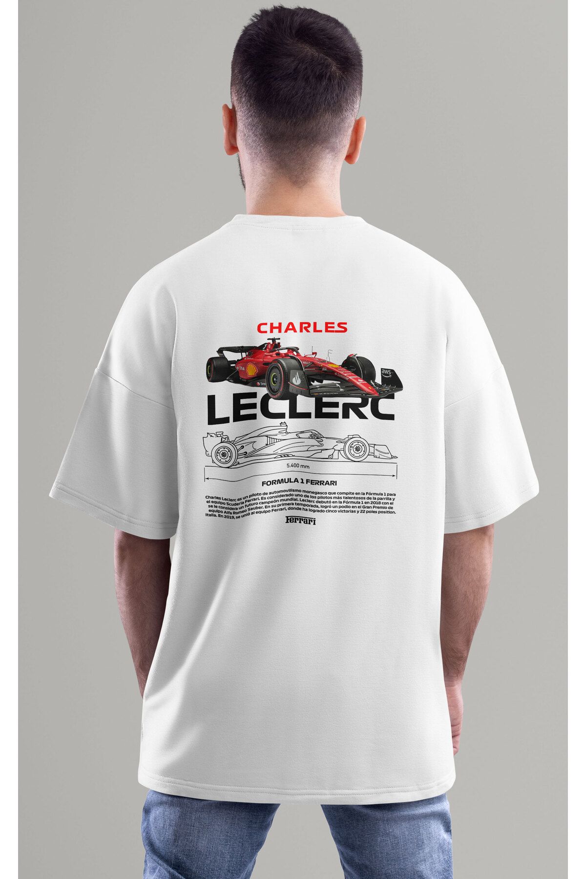 ELFAMİ Unisex Erkek/Kadın CHARLES LECLERC Renkli Özel Baskılı Oversize Pamuklu Bisiklet Yaka T-Shirt Tişört