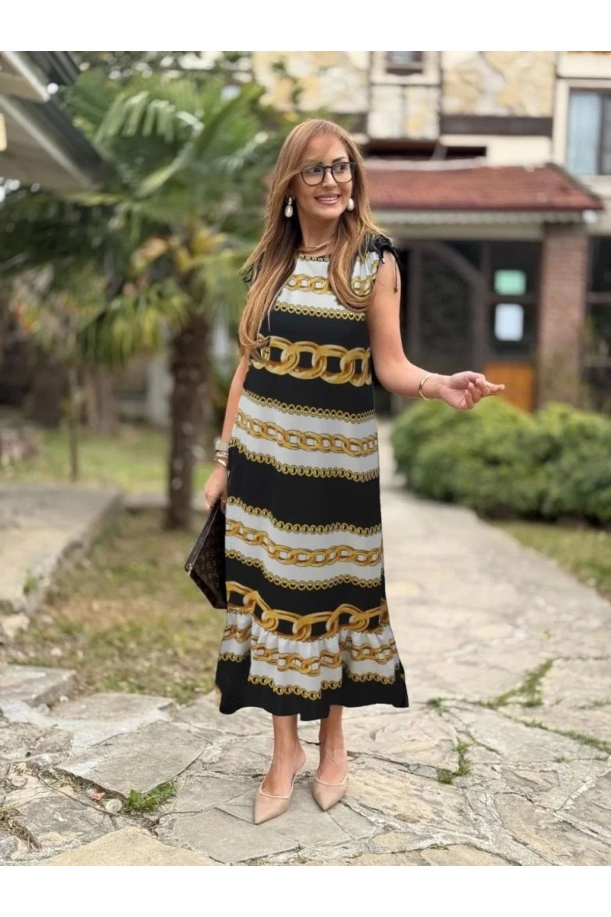 Butik Kadın Omuzlardan Büzgülü Kayık Yaka Fırfırlı Janjan Krep Elbise