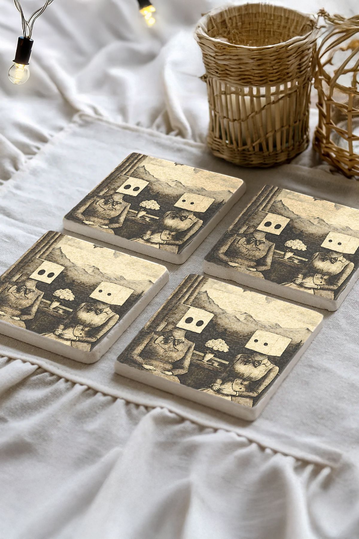 Sionar Celestara Desenleri Taş Traverten Fincan Bardak Altlığı 4'lü Set 10x10x1cm