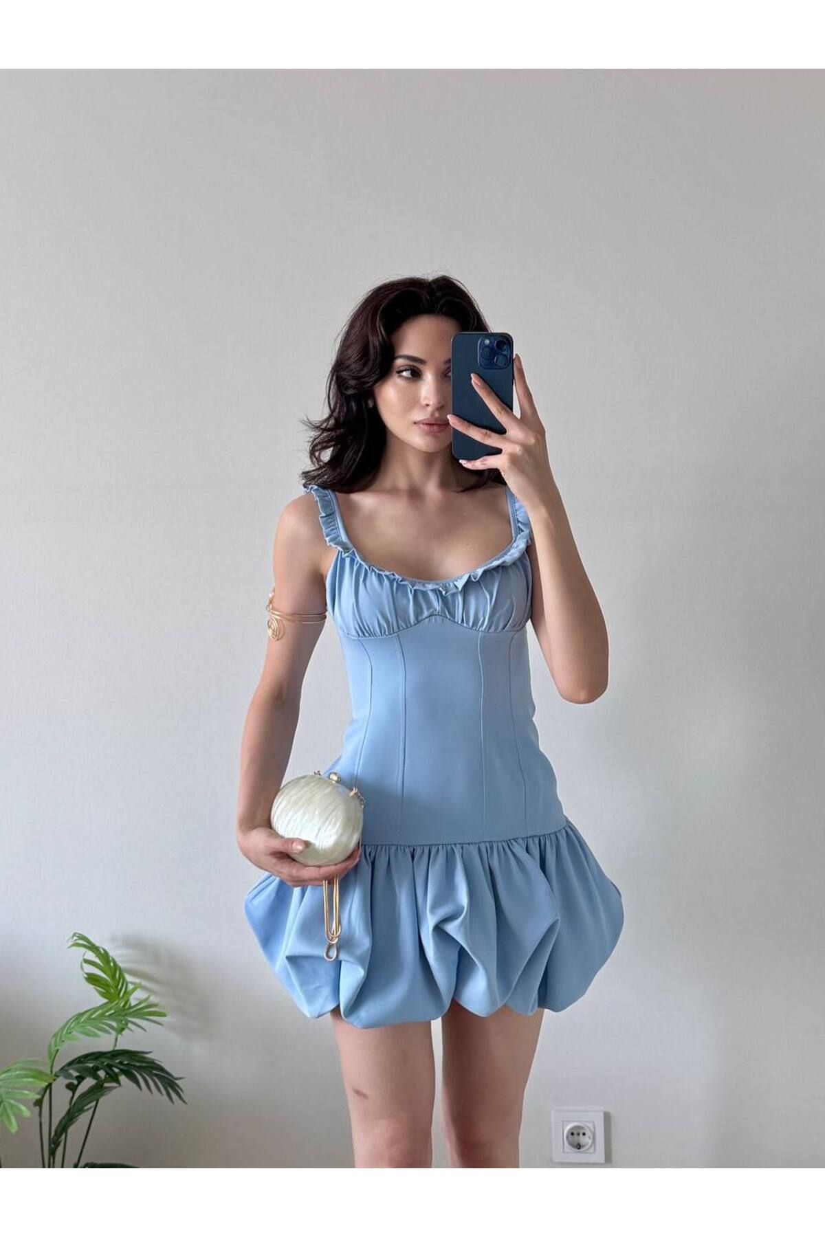 LOCH BUTİK Kadın Mavi Eteği Balon Askıları Fırfırlı Mini Elbise