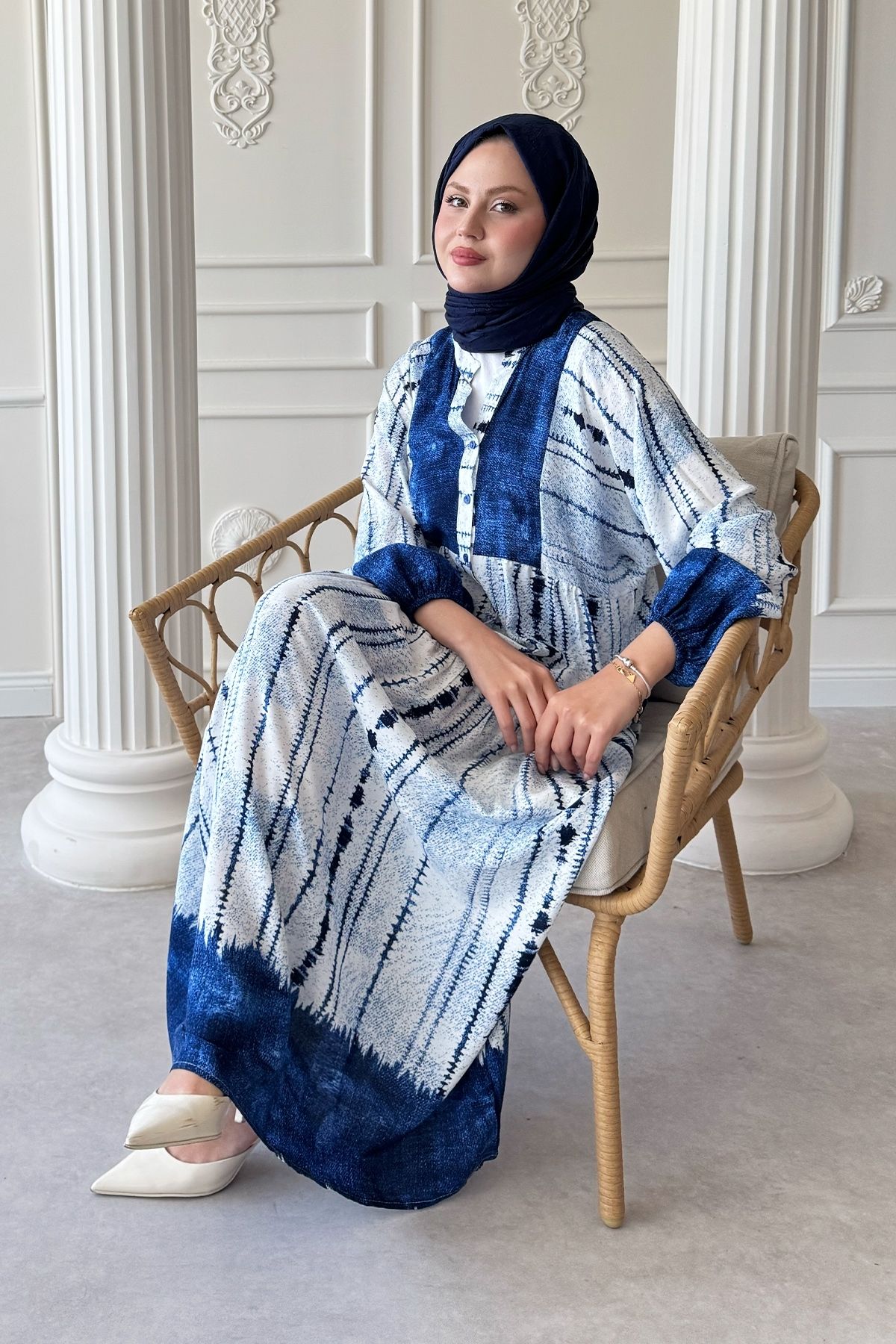 InStyle Batik Çizgi Desen Mavi Viskon Elbise
