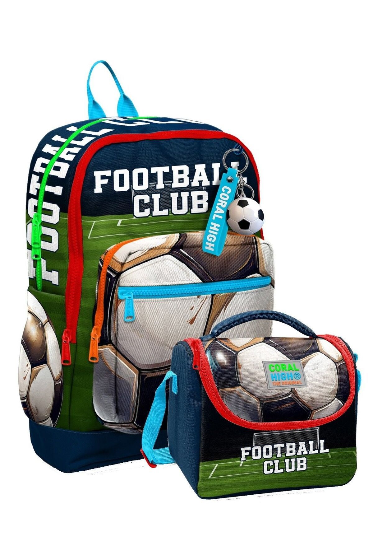Coral High Erkek Çocuklar İçin Dayanıklı İkili İlk Okul Çanta Seti - Lacivert Yeşil Futbol