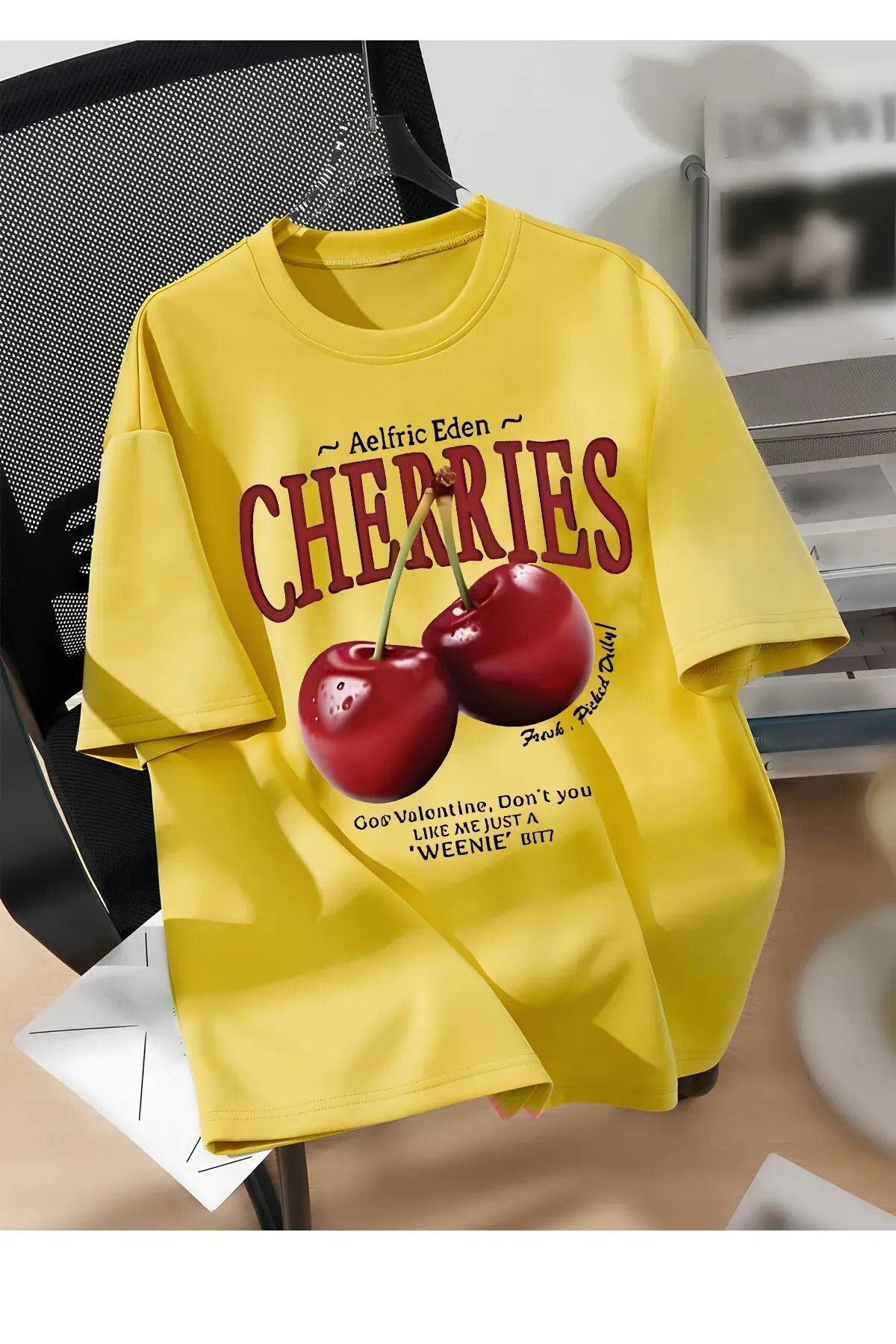 H&GHAMLEGİYİM Unisex Erkek/Kadın CHERRIES Özel Baskılı Oversize Pamuklu Bisiklet Yaka T-Shirt