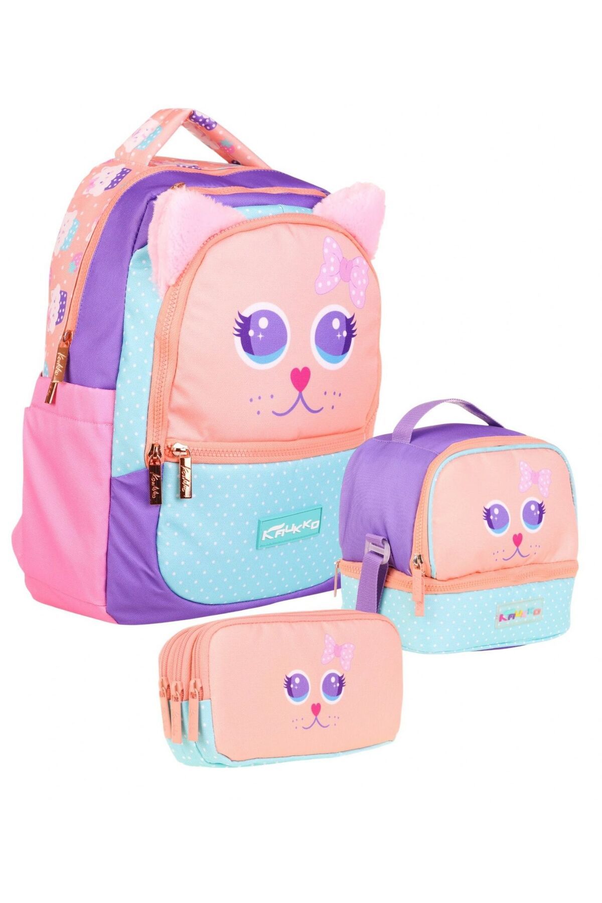 KAUKKO Kız Çocuk Üçlü İlkokul 1.2.3.4. Sınıf Okul Çanta Seti - Sevimli Kedi Şekilli - Pembe Turkuaz