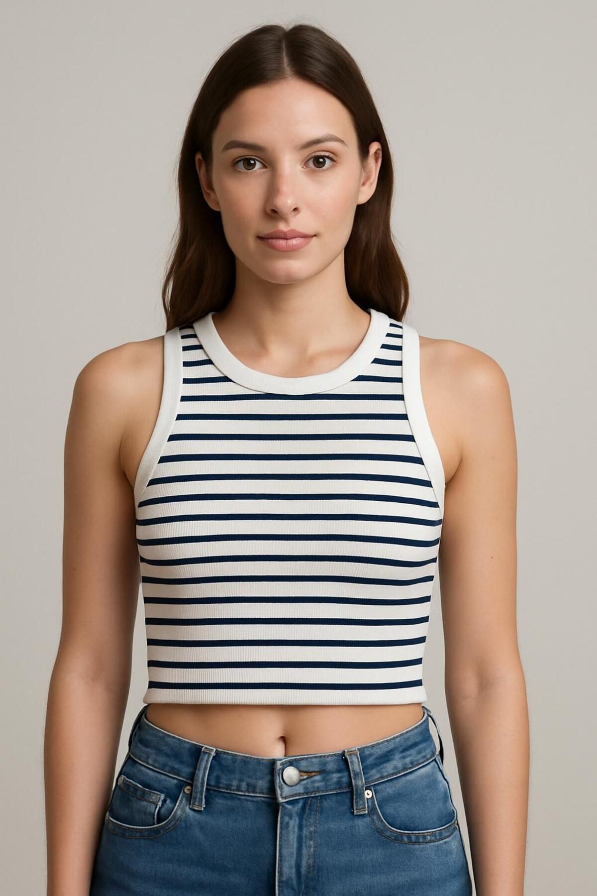 MONARCHMODA 2025 Summer Çizgili Kısa Kolsuz Crop %95 Pamuk %5 Elastan Slim Fit