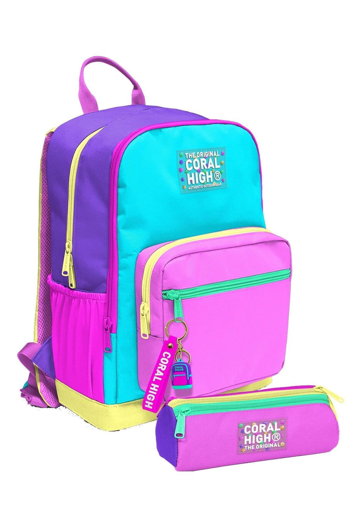 Coral High Kız Çocuk Sırt Çantası ve Kalemlik Seti - Mor Yeşil Pembe Çok Renkli - İlkokul