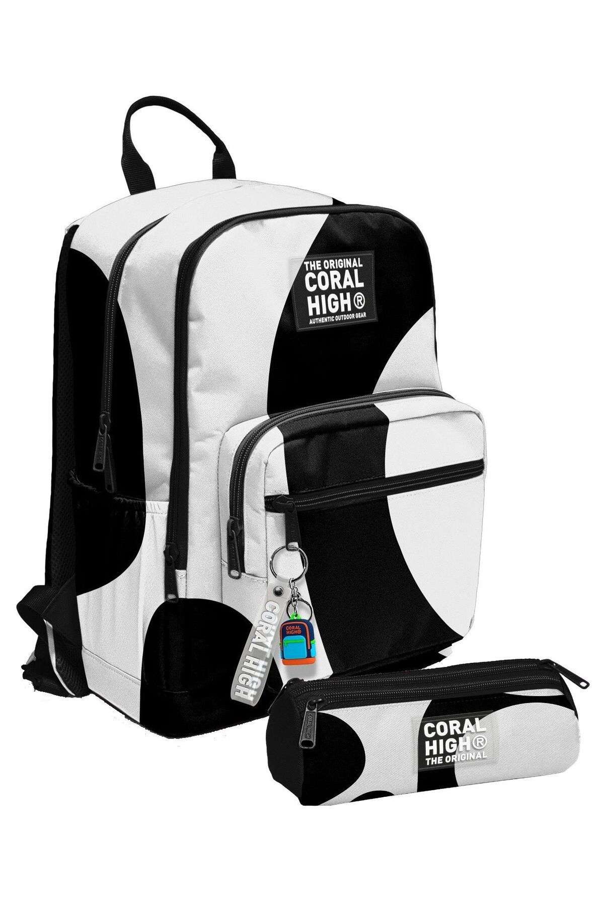 Coral High Erkek Çocuk Sırt Çantası ve Kalemlik Seti - Renkli Çizgili Siyah Beyaz - İlkokul