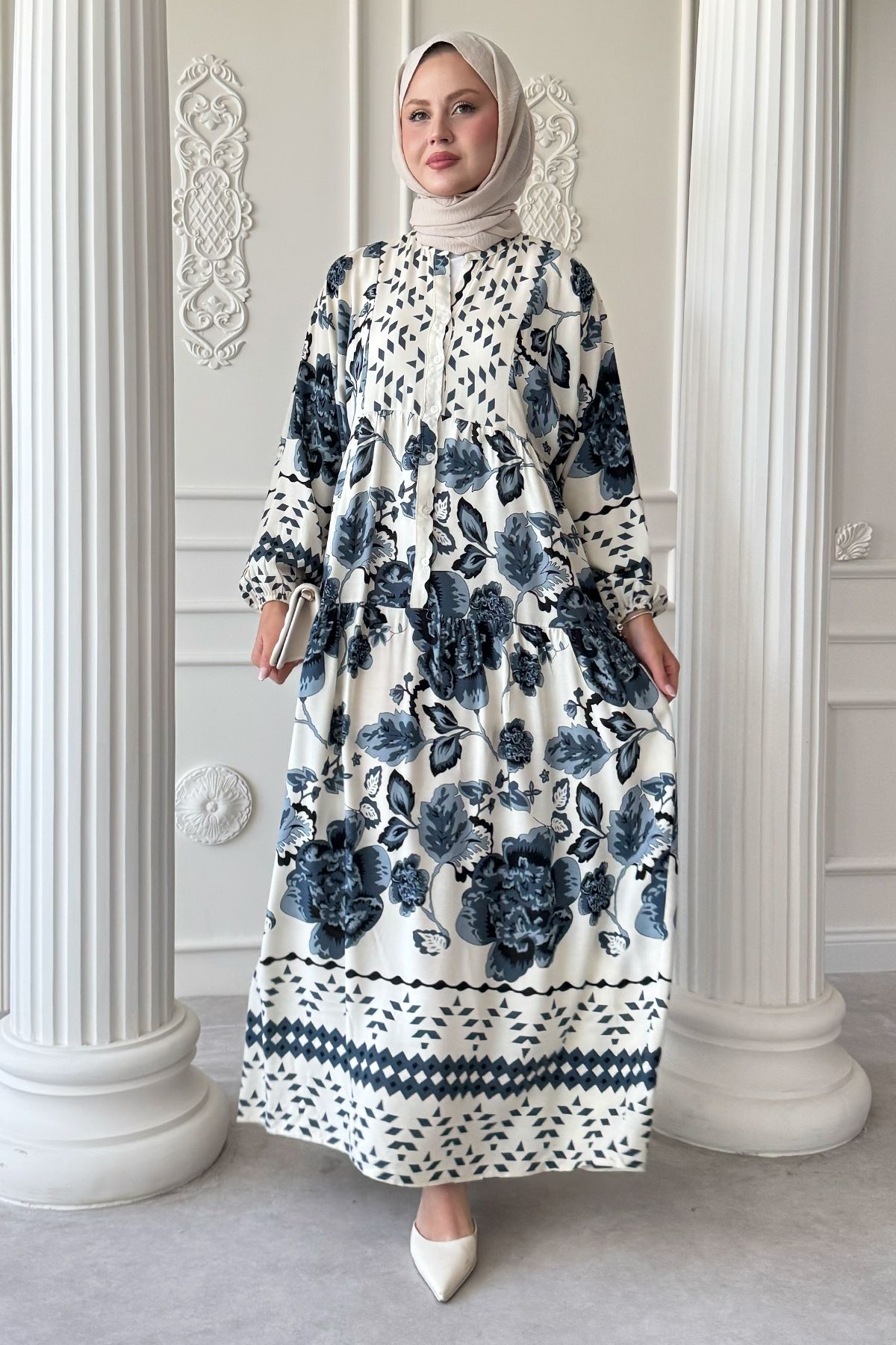 InStyle Vintage Desenli Gri Viskon Elbise