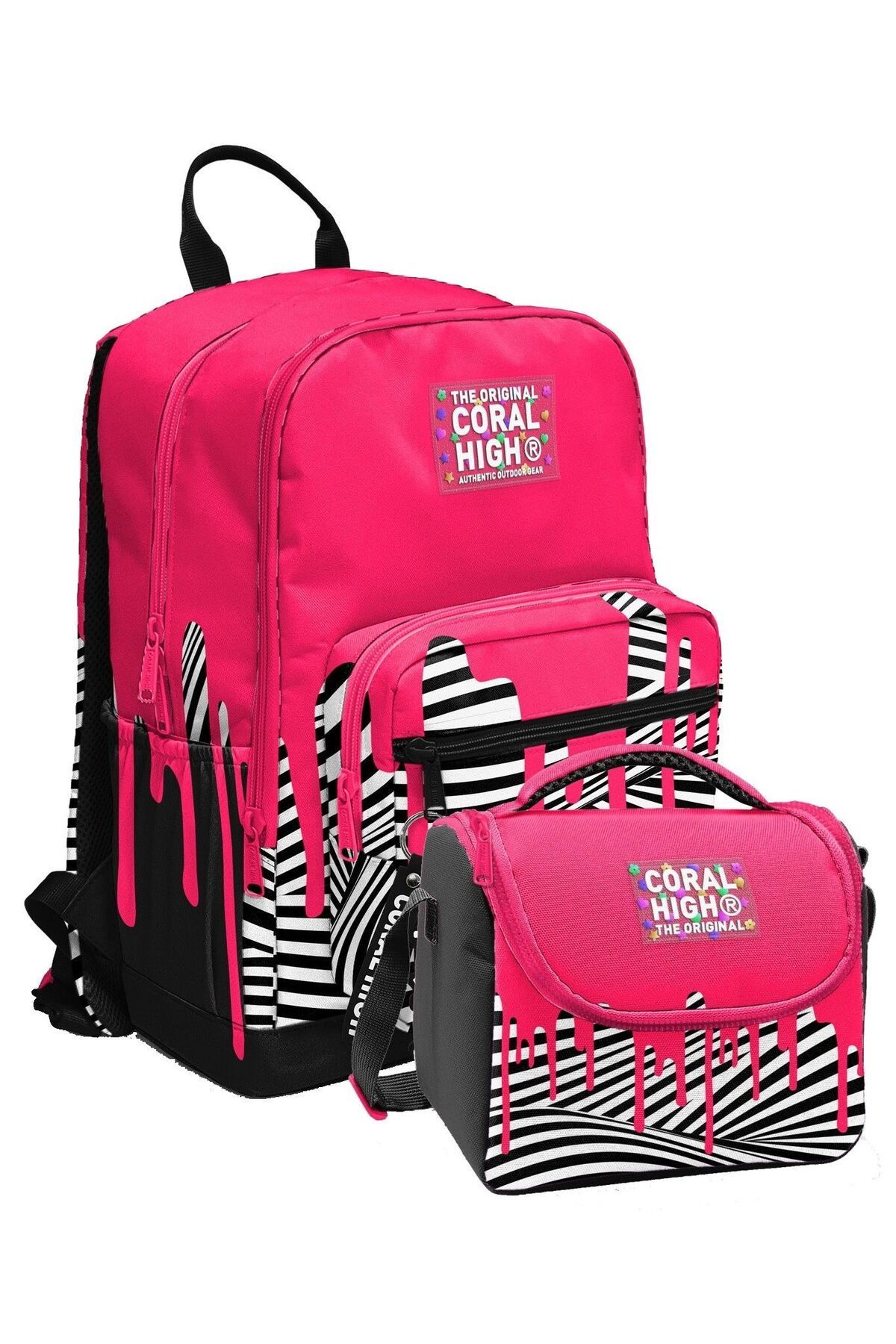 Coral High İlkokul ve Ortaokul Sırt Çantası ve Beslenme Seti - Kızlar İçin Pembe Siyah Beyaz Boya