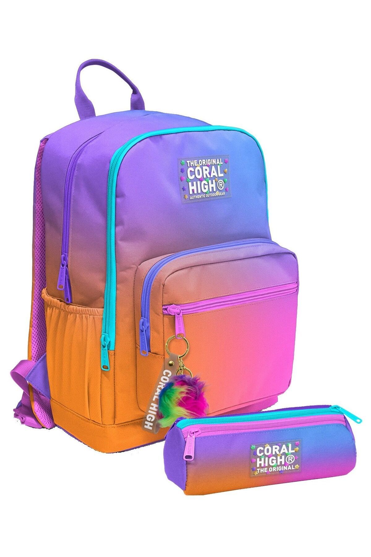 Coral High Kız Çocuk Sırt Çantası ve Kalemlik Seti - Turuncu Mor Renk Geçişli - İlkokul