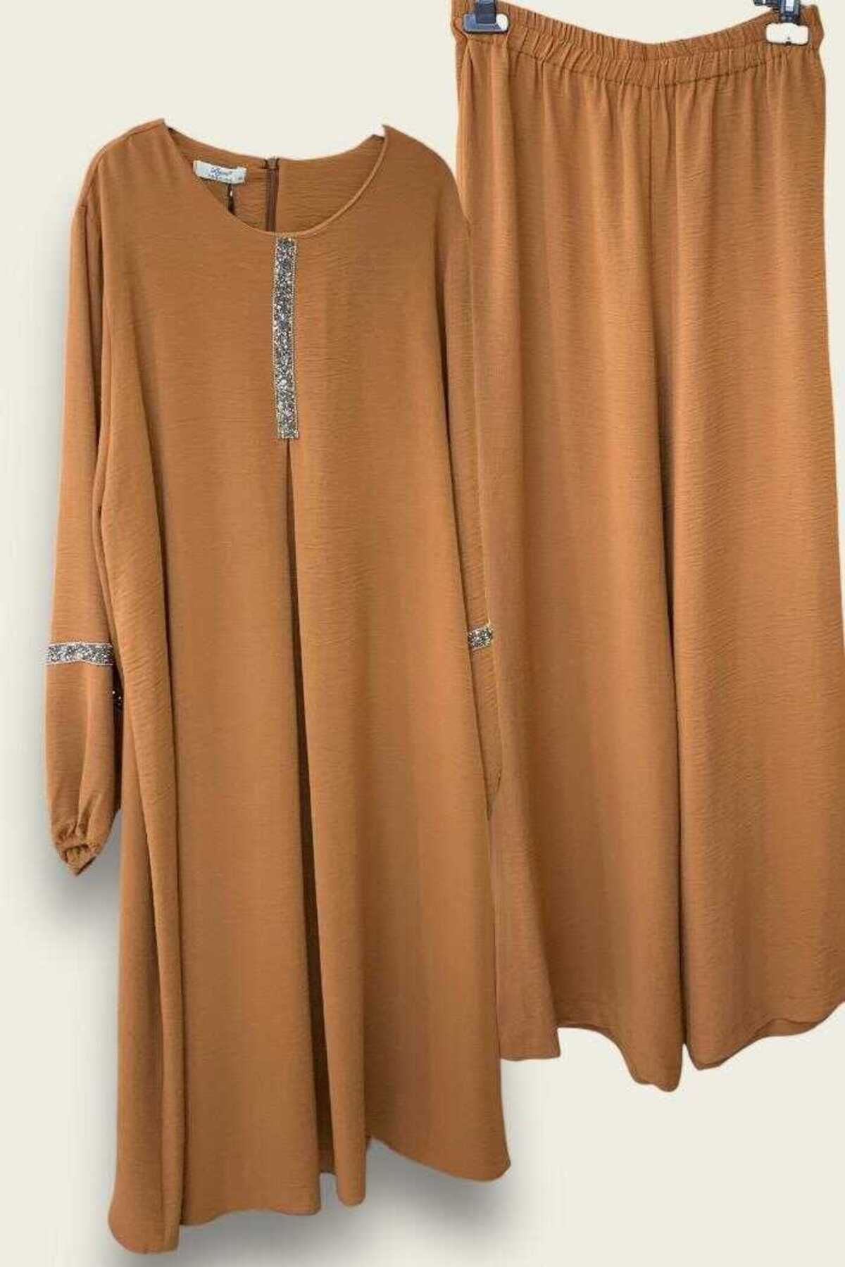 BYM Taş İşleme Detaylı Pantolonlu Tunik Takım 8464 Taba