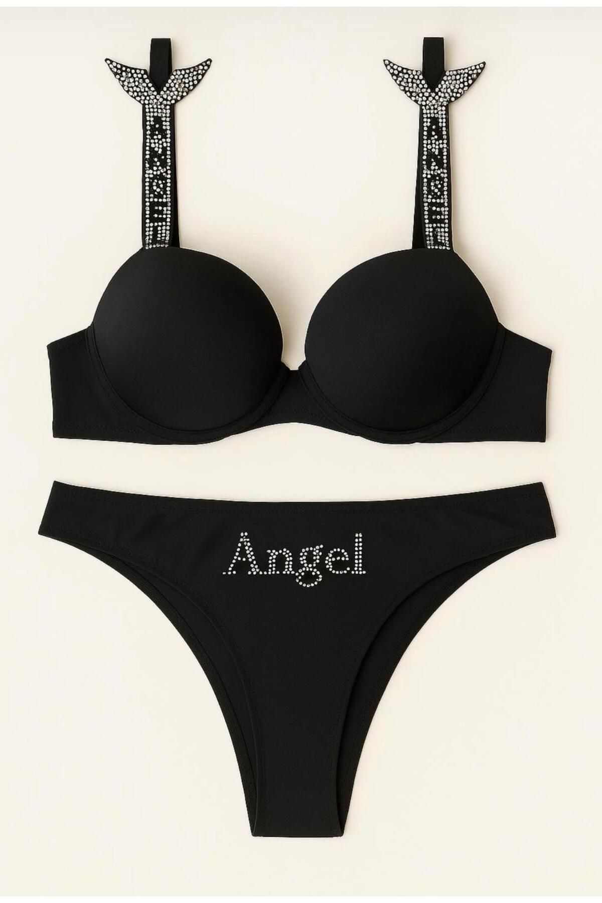 CLADİS Kadın Siyah Angel Taşlı Push-up Sütyen Takım