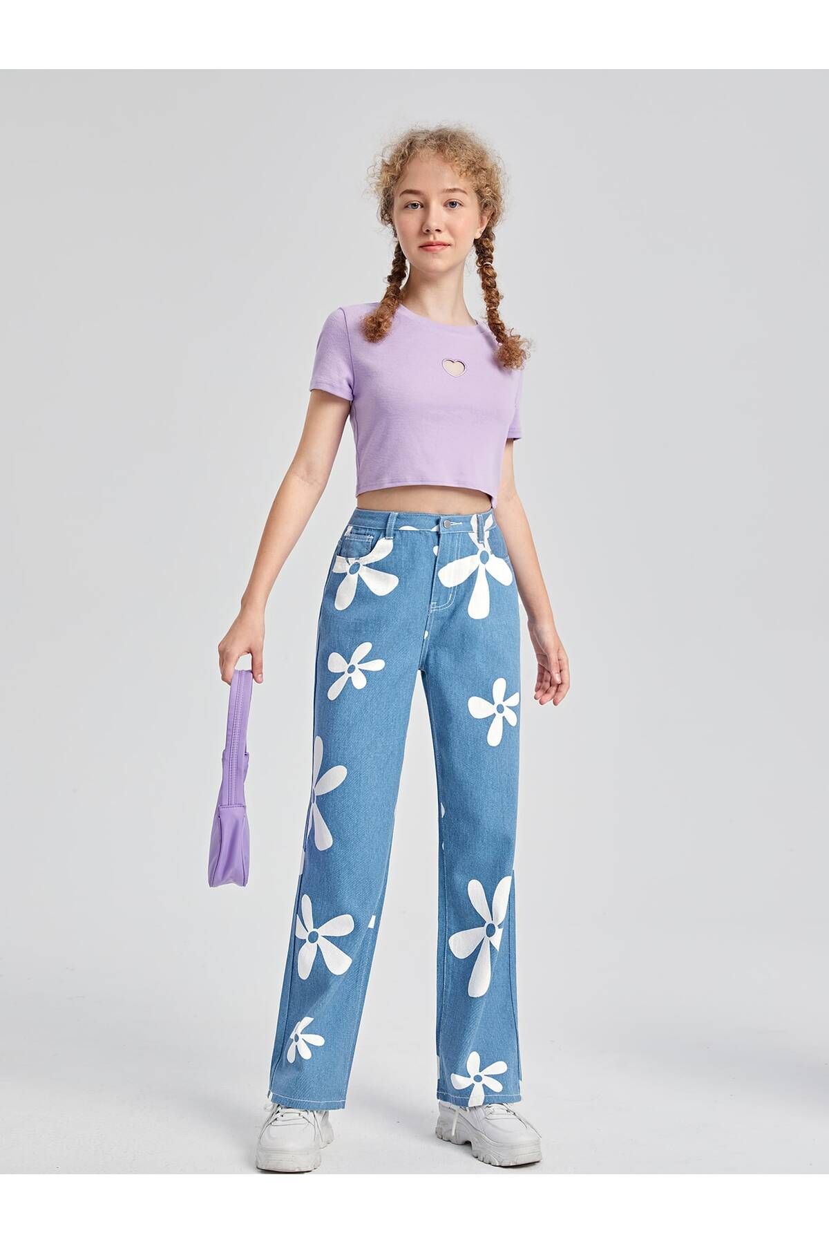 aynewmoda Kızlar Yüksek Bel Çiçekli Düz Kot Pantolon