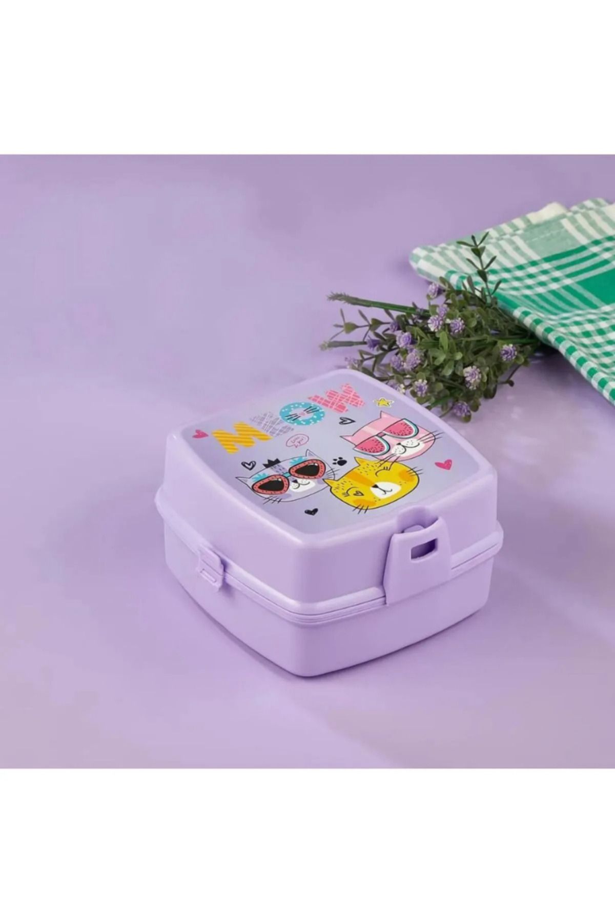 YOMNA 4 Bölmeli Cat Power Çocuk Beslenme Kutusu Kaşıklı Kedi Desenli
