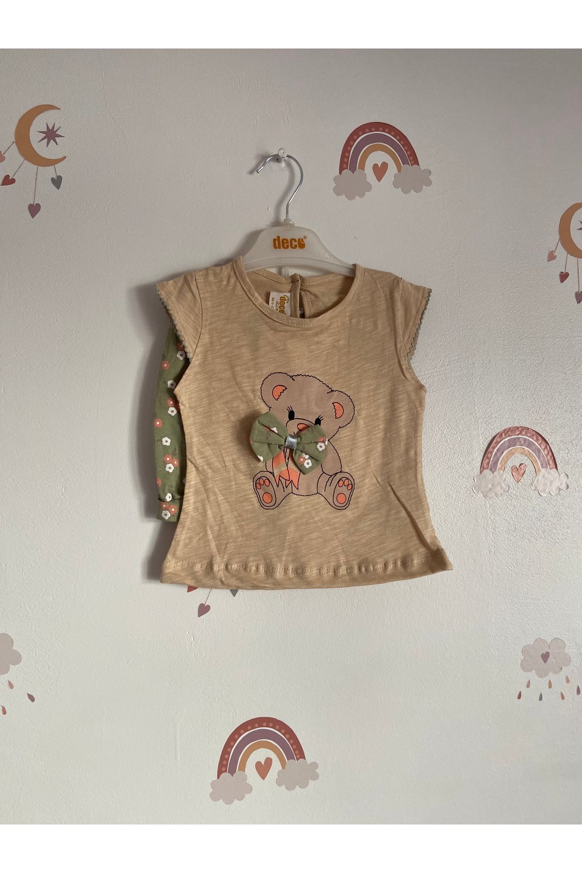 DECO Ayı baskılı çiçekli kız bebek 2’li takım