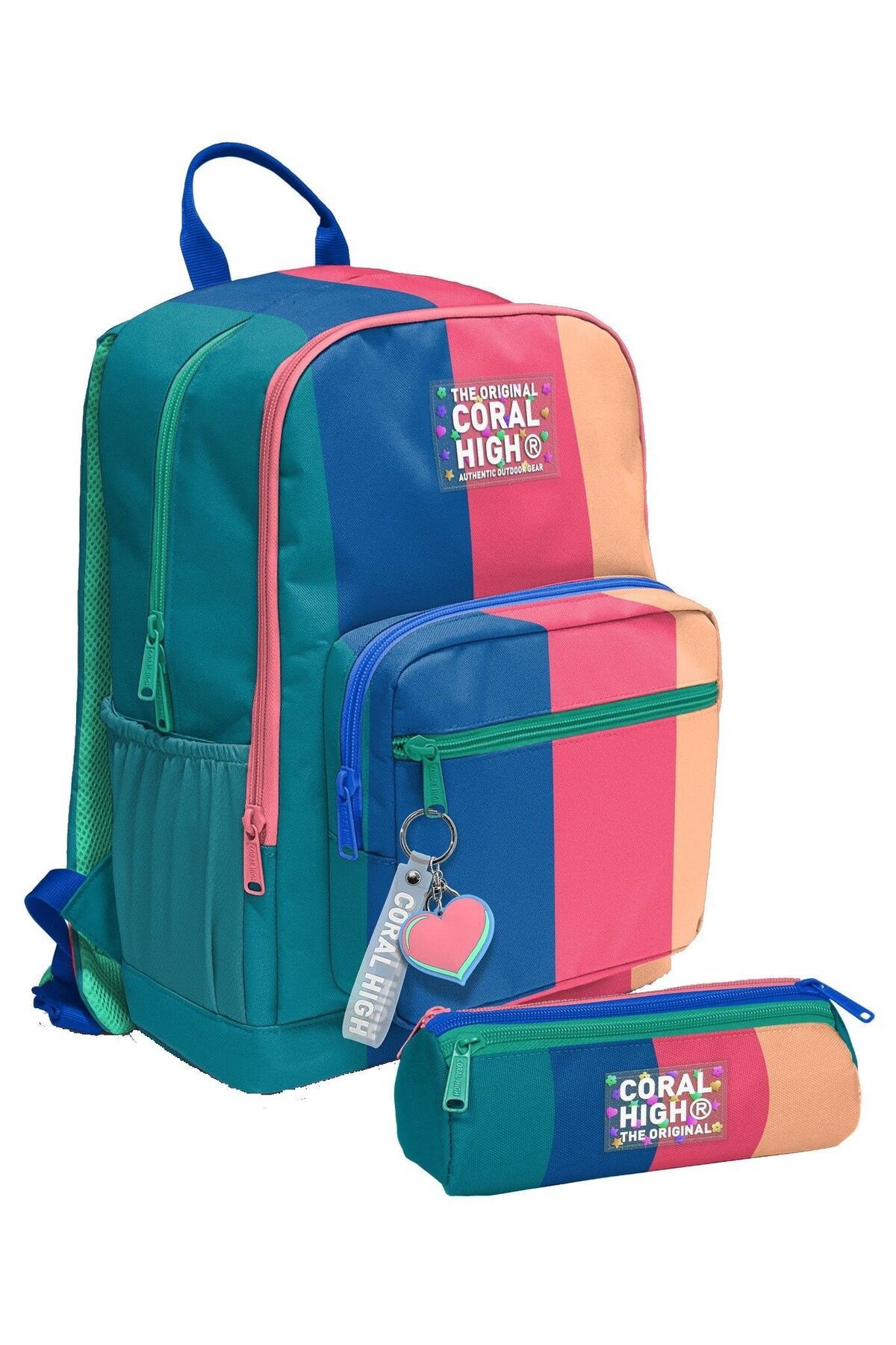 Coral High Kız Çocuk Sırt Çantası ve Kalemlik Seti - Yeşil Mavi Pembe Renkli Çizgili - İlkokul