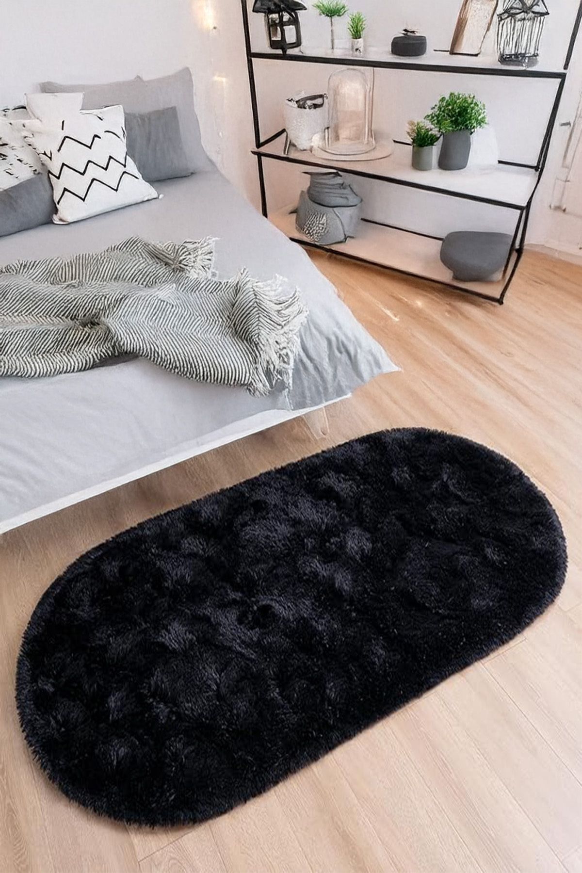 NARVEN HOME Siyah Oval Post Halı Yumuşak Peluş Kaymaz Dot Taban Yolluk Antibakteriyel Makinada Yıkanabilir