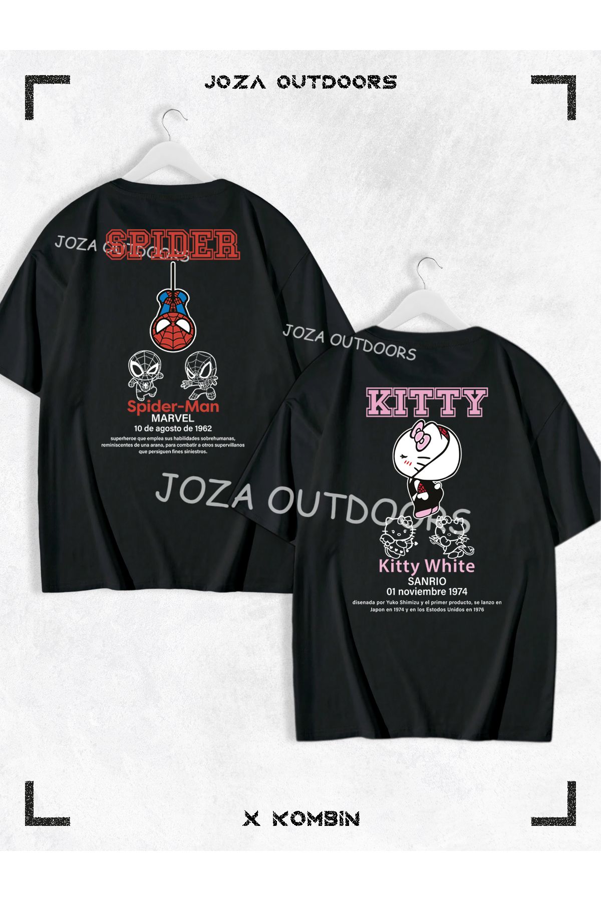 Joza Outdoors Kadın Erkek Kitty Spider Yazılı SIRT Baskılı Sevgili Çift Kombini Oversize Tshirt 2'li Takım