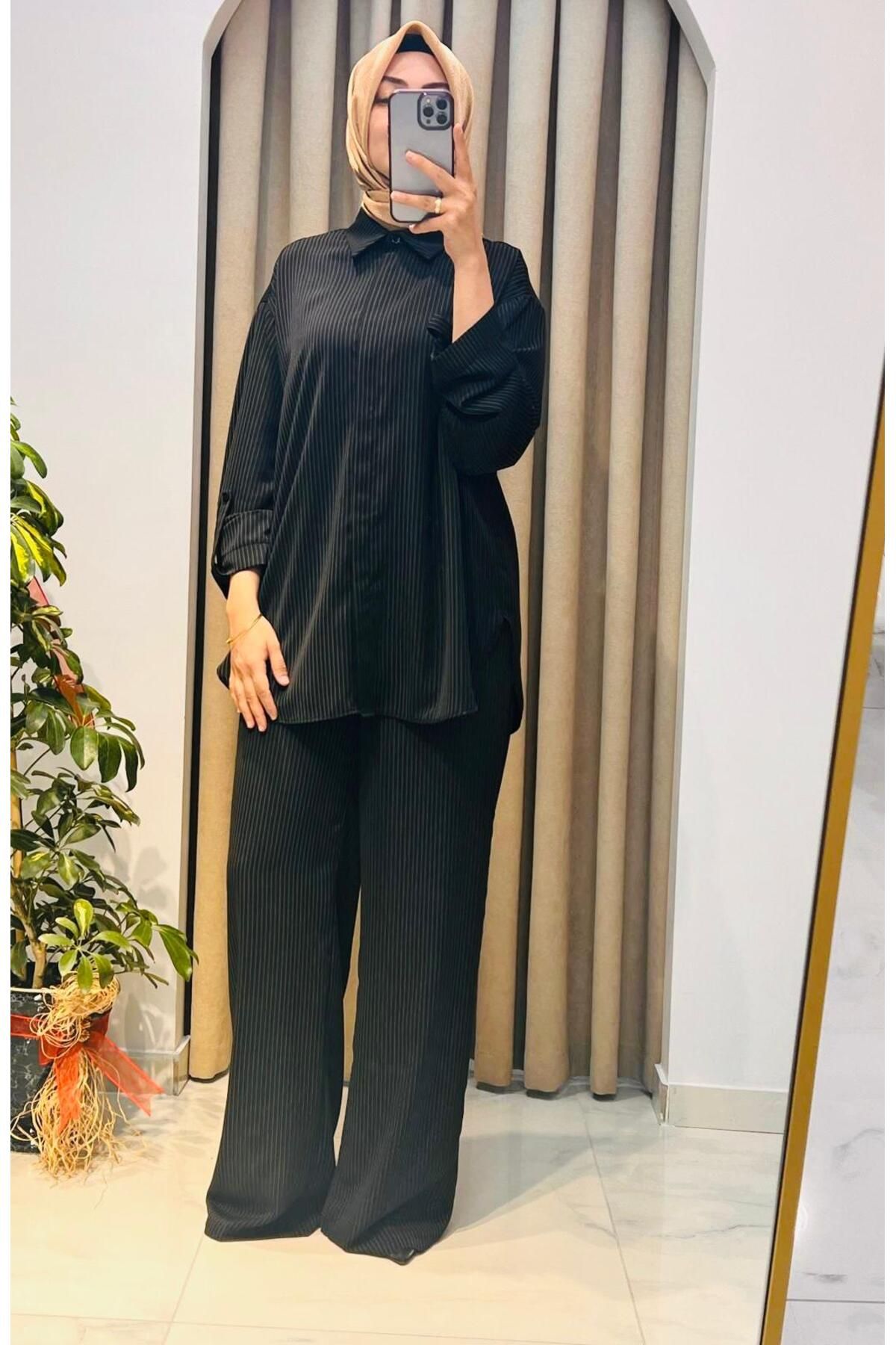 Almarwah Black ALMARWAH ÇİZGİLİ PANTOLON GÖMLEK TAKIM