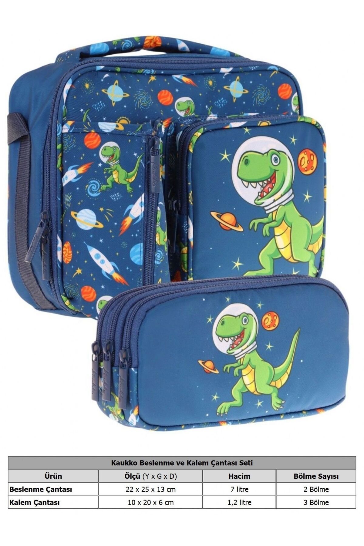 KAUKKO Kids Erkek Lacivert Yeşil Dinazor Üç Bölmeli Beslenme Çantası ve Kalemlik Seti (L7252+L8252)