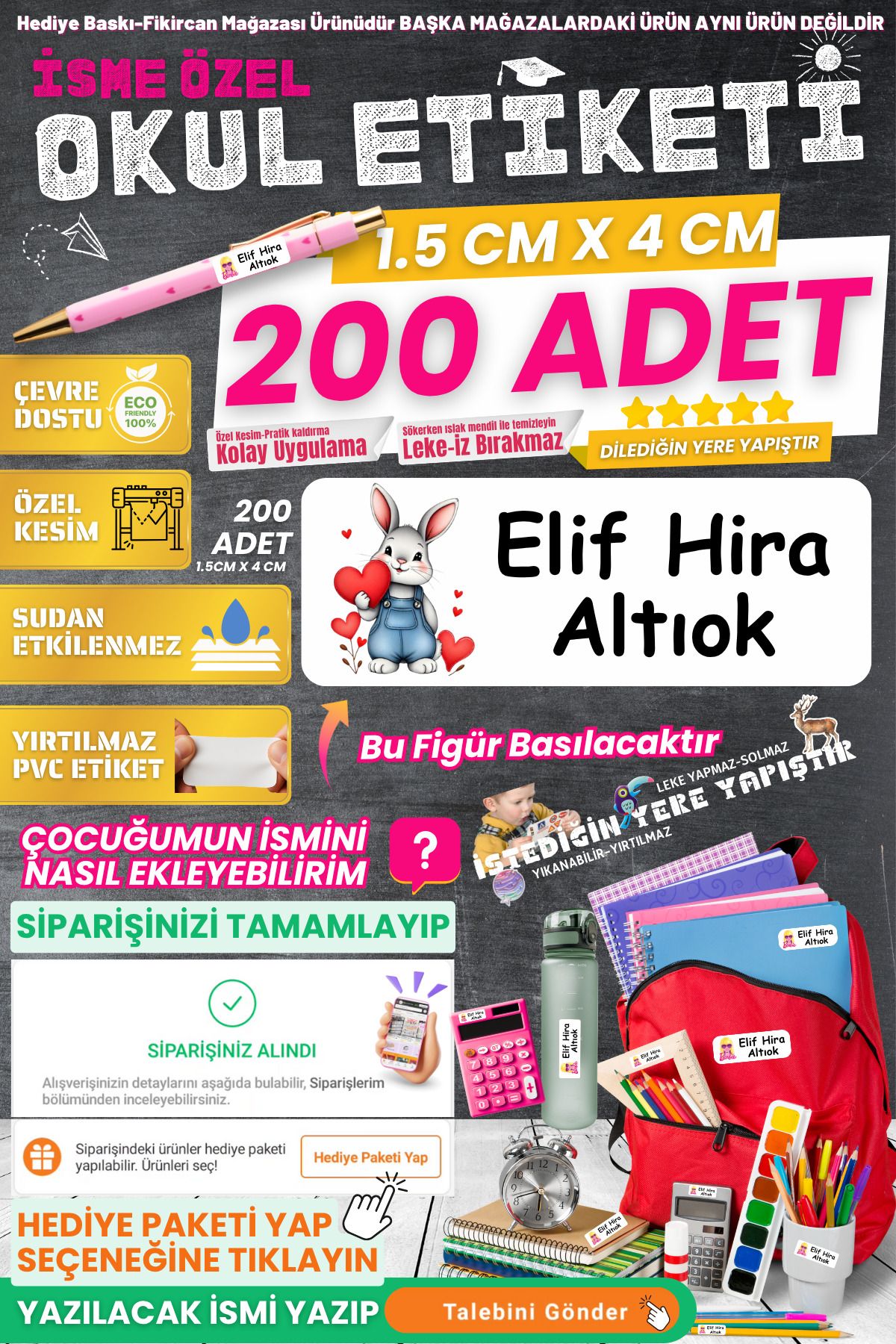 FİKİRCAN Fikircan-İsme Özel Okul Etiketi-SEVİMLİ TAVŞAN 200 Adet - Kokusuz Ekolojik Mürekkep PVC ETİKET