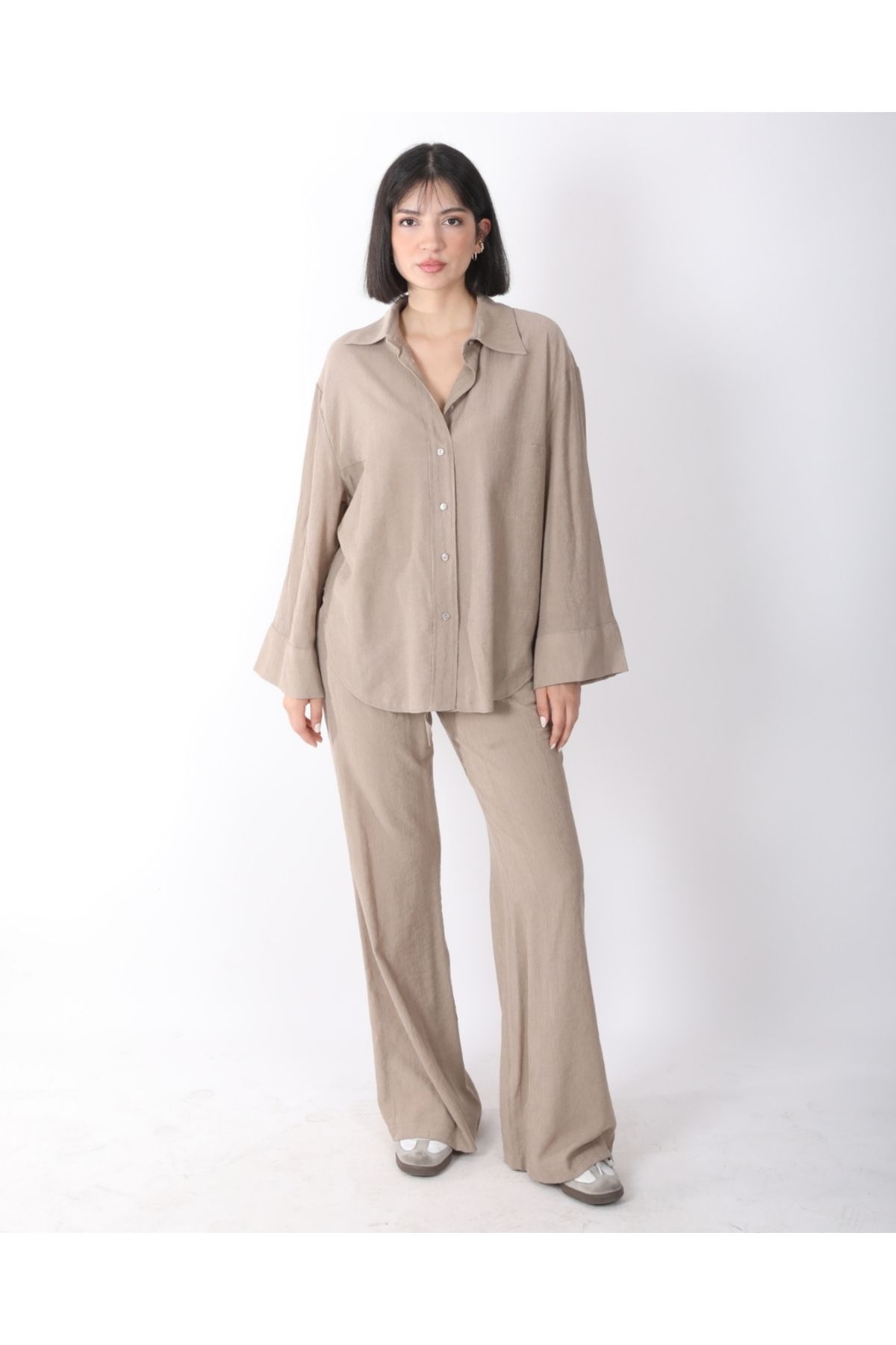 DEQ FASHION Kadın Bej Krinkıl Keten Gömlek Pantolon Ikili Takım