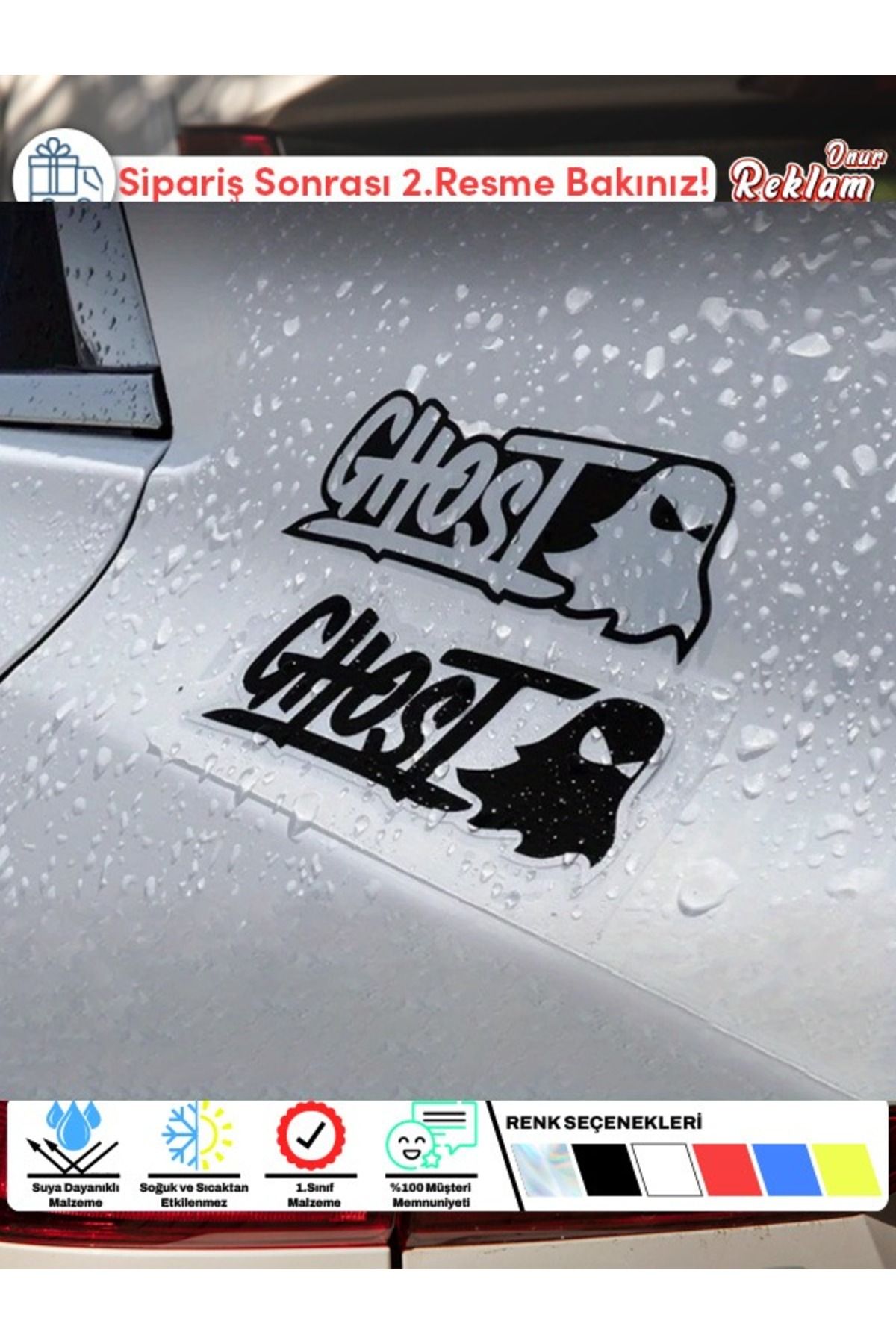 Onur Reklam Ghost Yazılı Mini Araç Sticker Seti – 2’li Paket, Suya Dayanıklı 12x4,2 cm