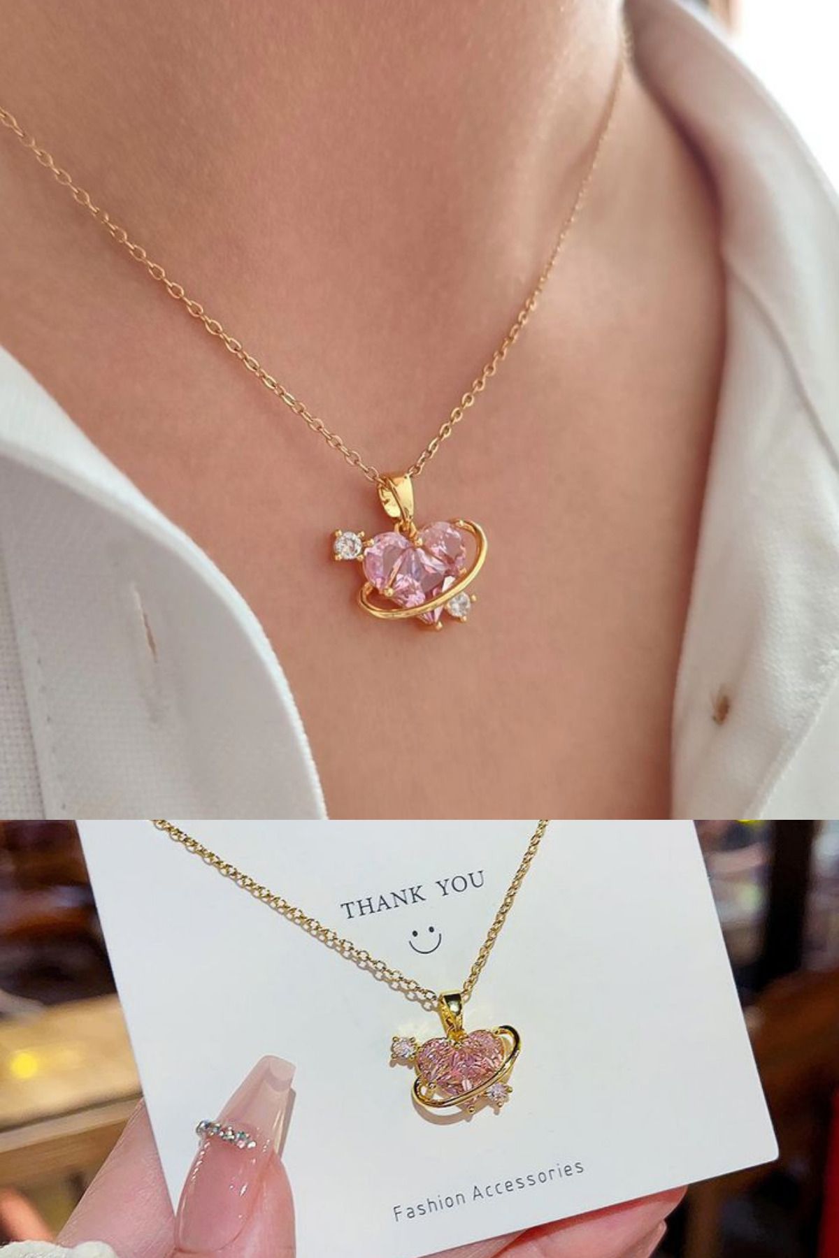 Tilde Pembe Taşlı Kalp Satürn Kolye Altın Renk Çelik Kadın Kolye Trend Takı