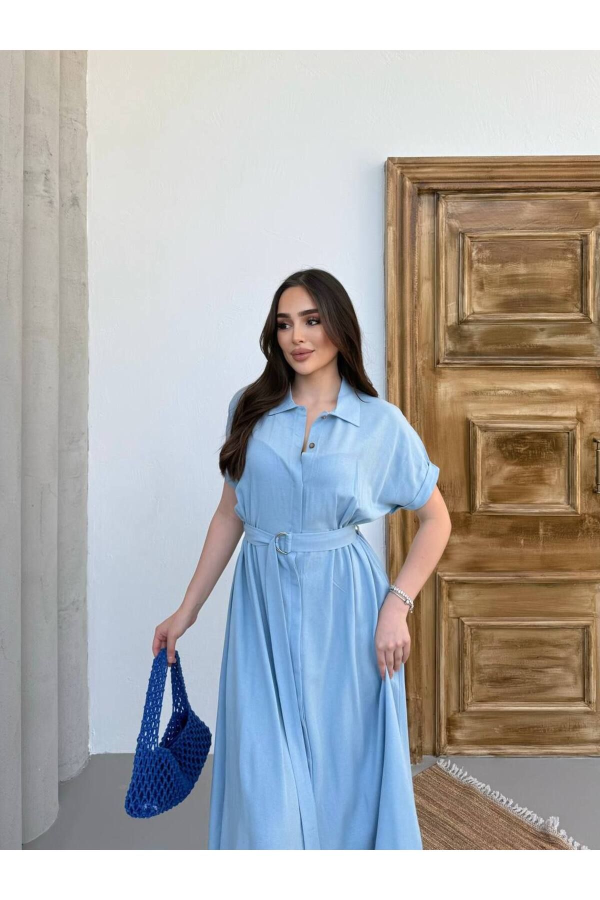 moda paketi Keten Midi Boy Elbise mavi