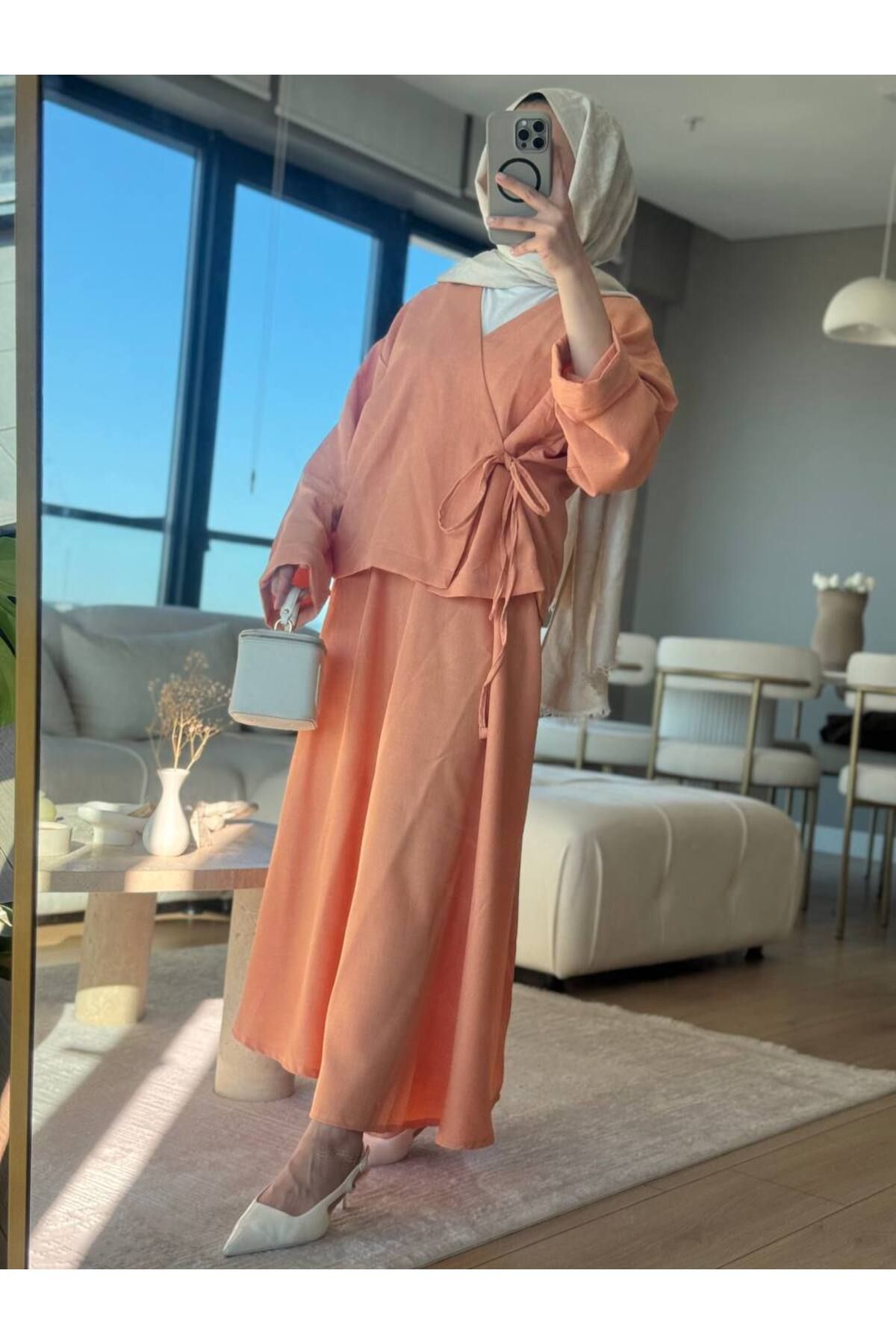 Esre Store 3509 - Keten Kumaş Kimono Takım Turuncu