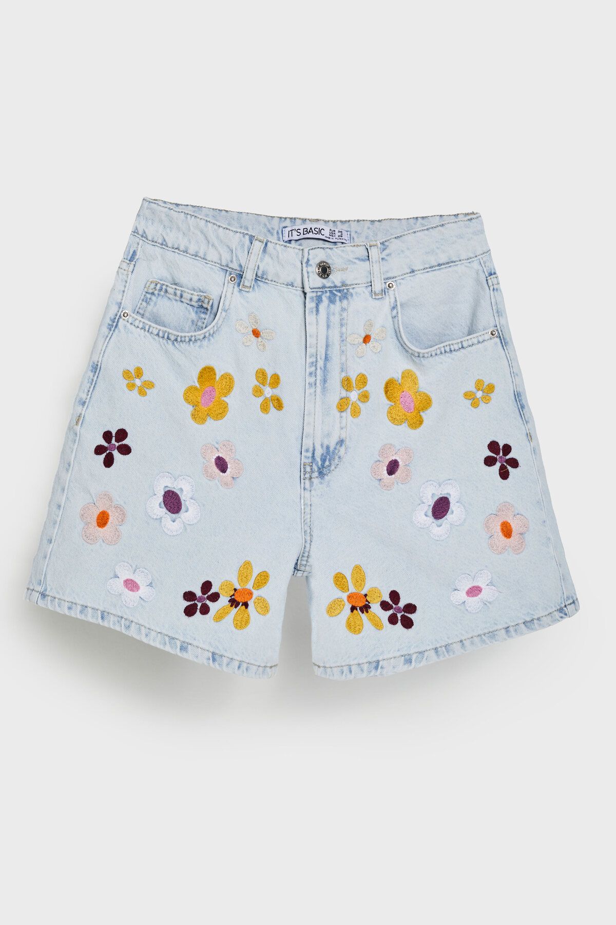 its basic Kadın Ice Kot Rengi 3s5-3 Renkli Çiçek Nakışlı Midi Boy Rahat Kesim %100 Koton Tasarım Denim Şort