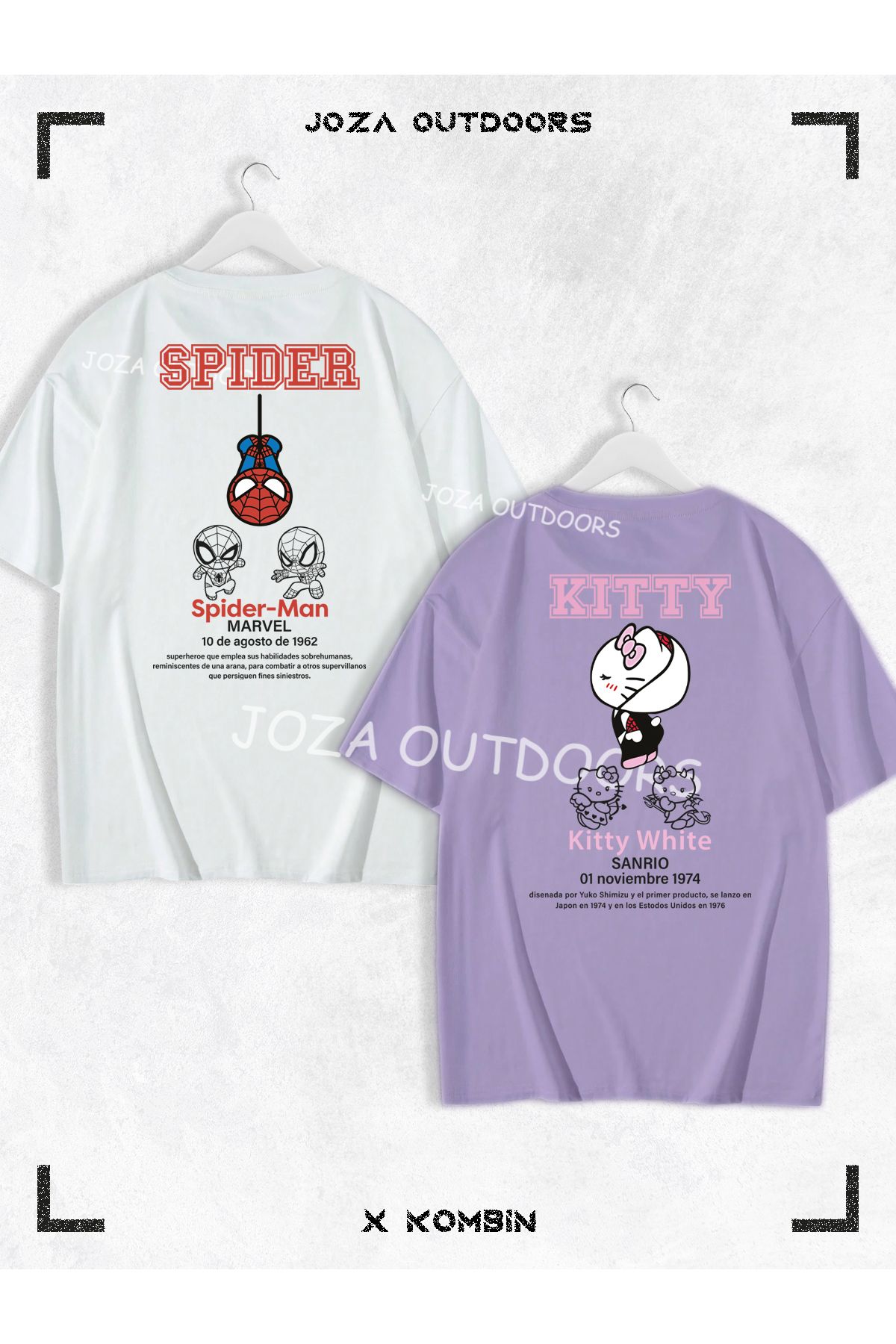 Joza Outdoors Kadın Erkek Kitty Spider Yazılı SIRT Baskılı Sevgili Çift Kombini Oversize Tshirt 2'li Takım