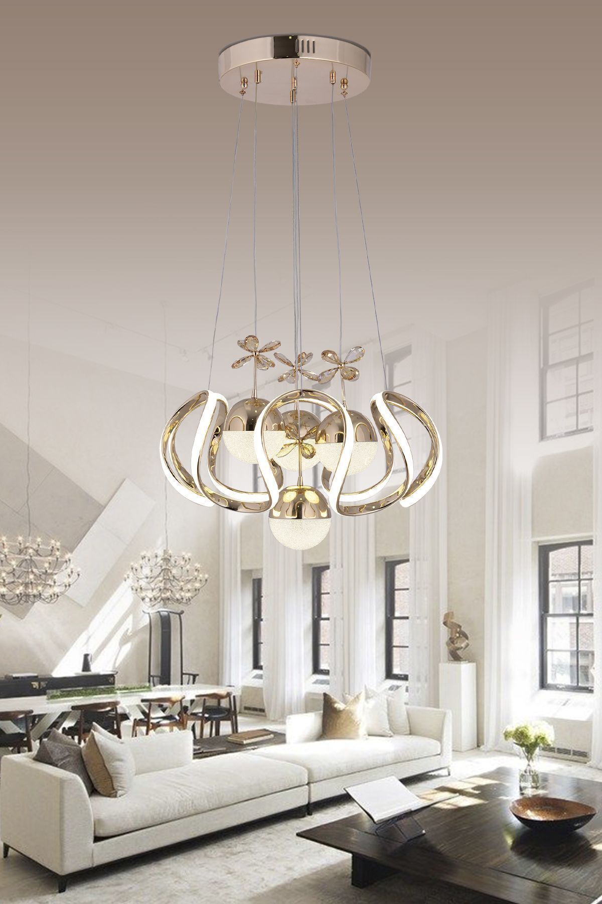 BSB Miray 3 Renk Gold ( Sarı Beyaz Ve Gün Işığı ) Led Kristal Taşlı Avize