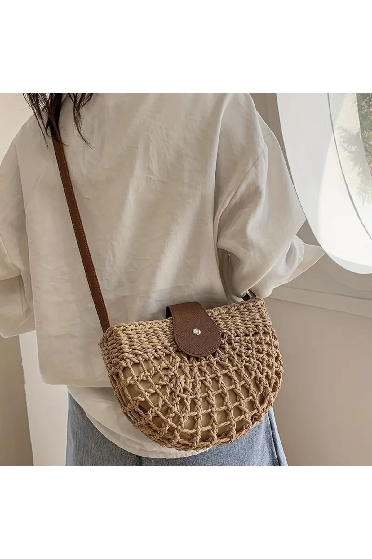 ELİŞİ MODA-Handmade Hand Knitted Paper String Straw Bag, Lined, Zippered and Top Closure Shoulder Bag with Strap 3