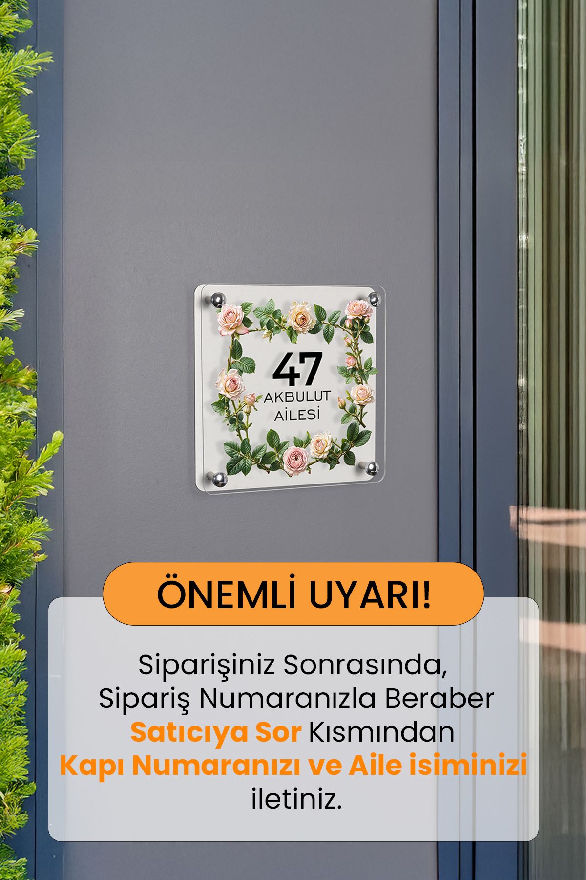 Morimora Kişiye Özel Gül Desenli Kapı Numarası ve Aile İsimliği