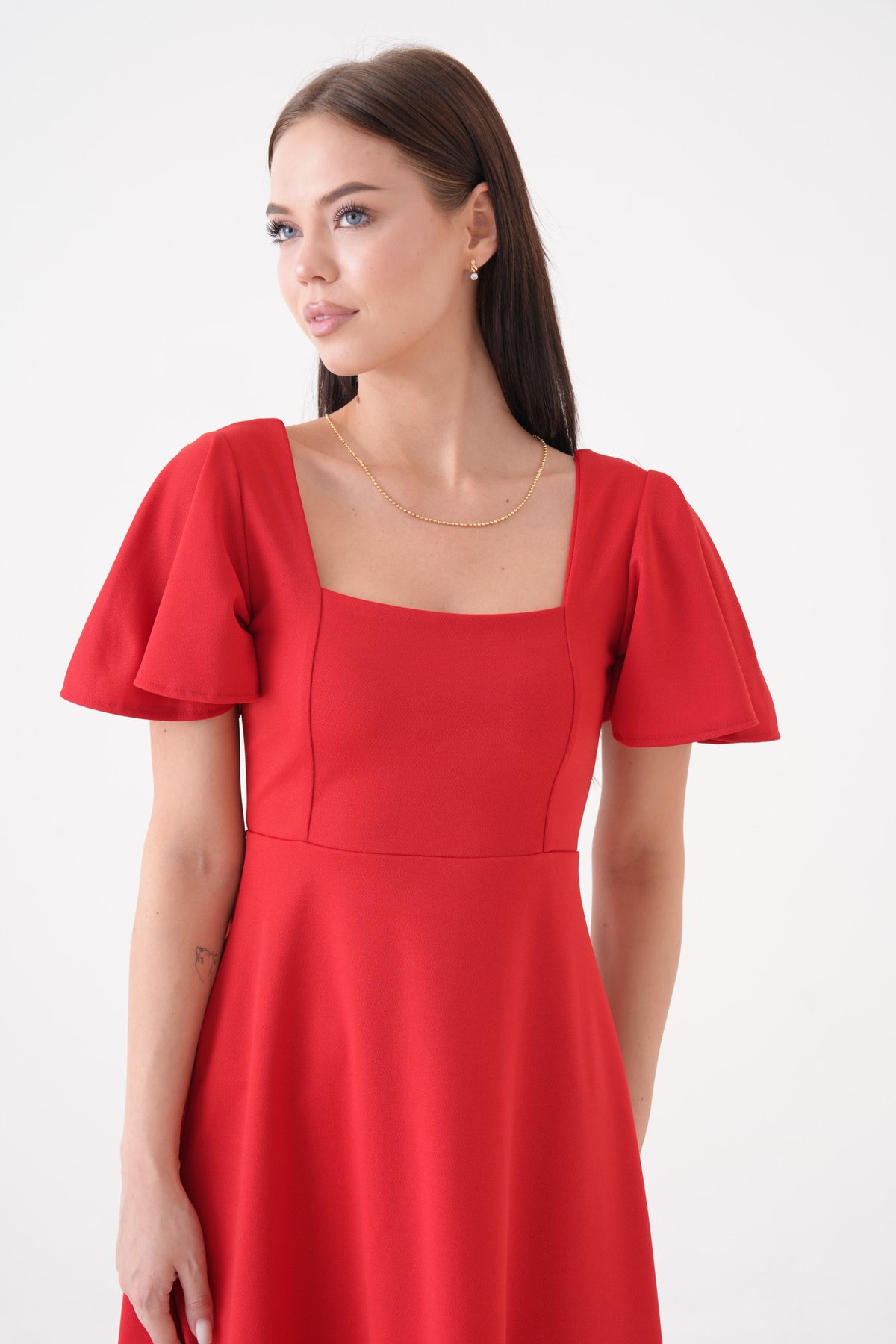 vuvutasarım-New Season Sleeve Detail Flexible Scuba Crepe Fabric Square Collar Midi Length Women's Evening Dress Graduation Dress 082 2
