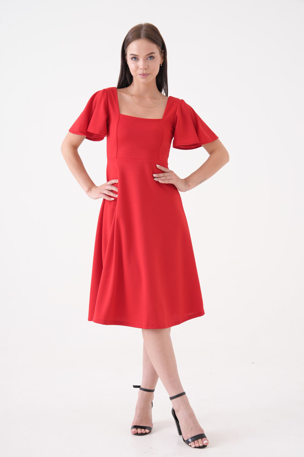 vuvutasarım-New Season Sleeve Detail Flexible Scuba Crepe Fabric Square Collar Midi Length Women's Evening Dress Graduation Dress 082 6