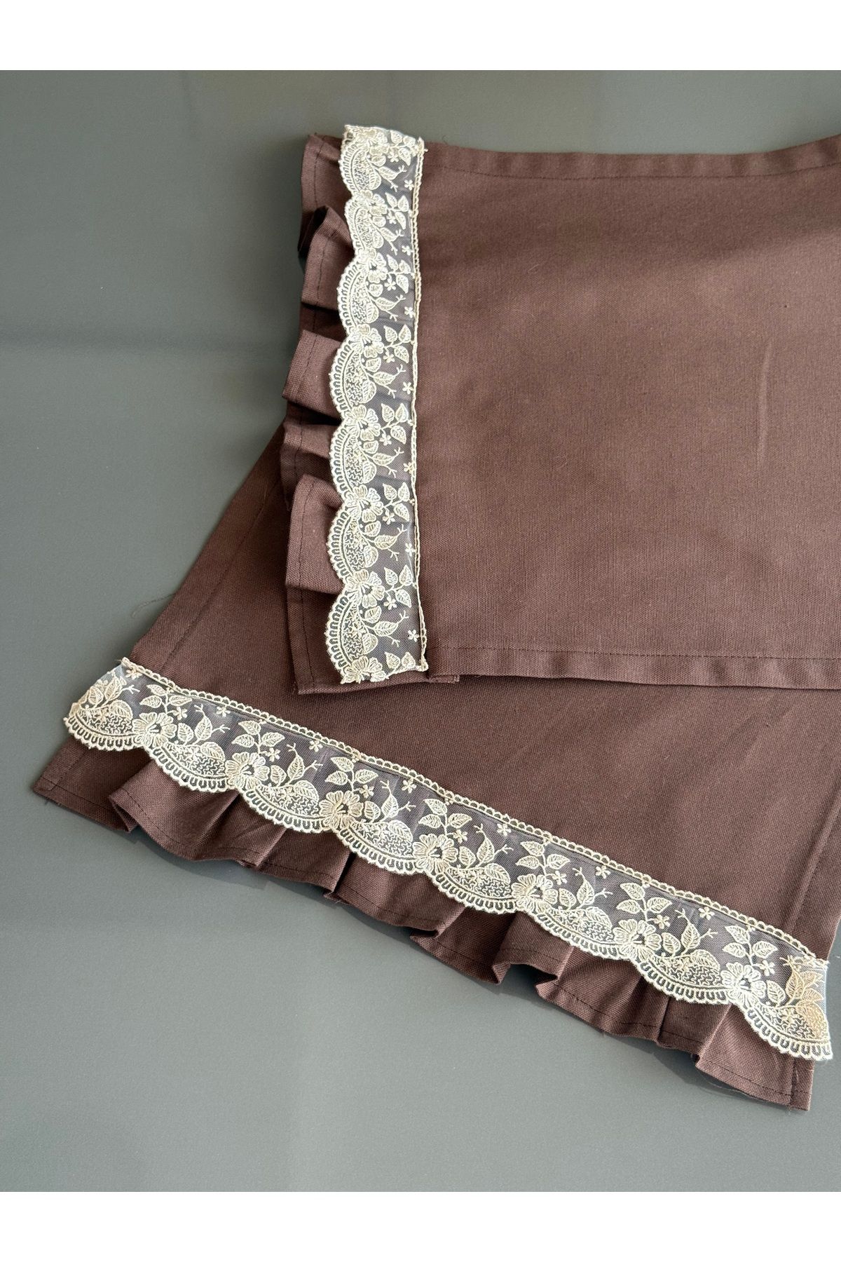 Benefse Runner Masa Örtüsü Duck Keten Kumaş Fransız Güpür Dantel Kahverengi 40x100 Cm