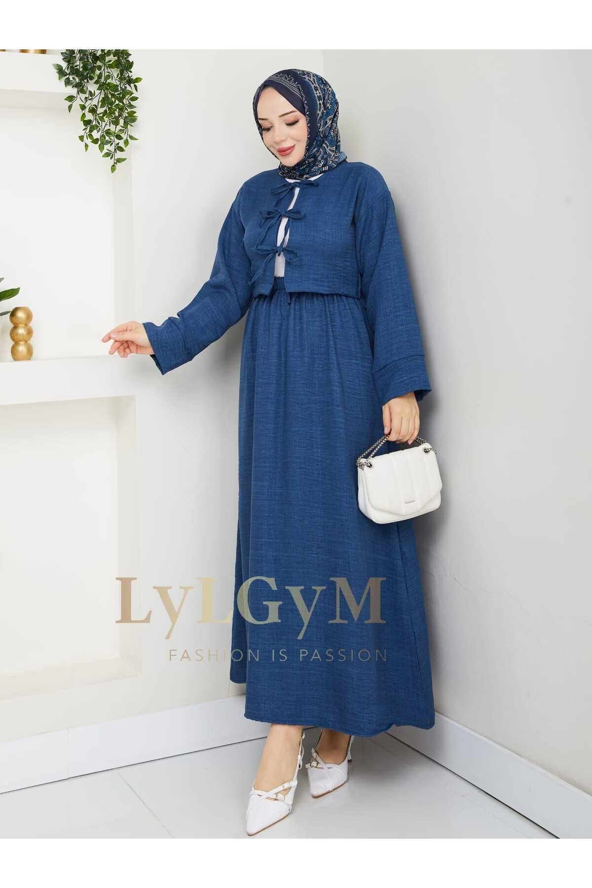 LyLGyM FASSION IS PASSION Kadın Keten Ayrobin Kumaş ikili Etekli Crop Kimono Takım