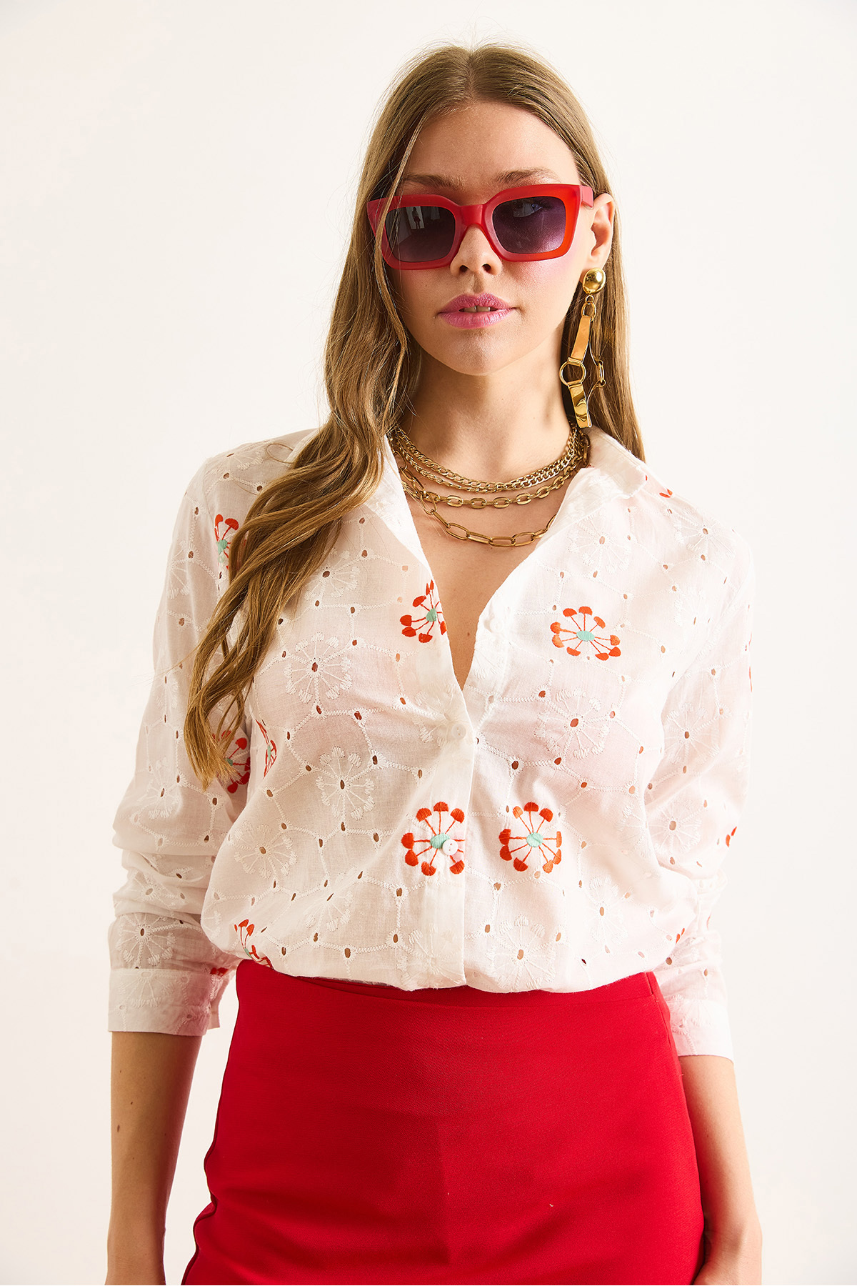 Olalook  Kadın Turuncu Beyaz Nakışlı Oval Desenli Fisto Gömlek GML-19001365 - Görsel 5