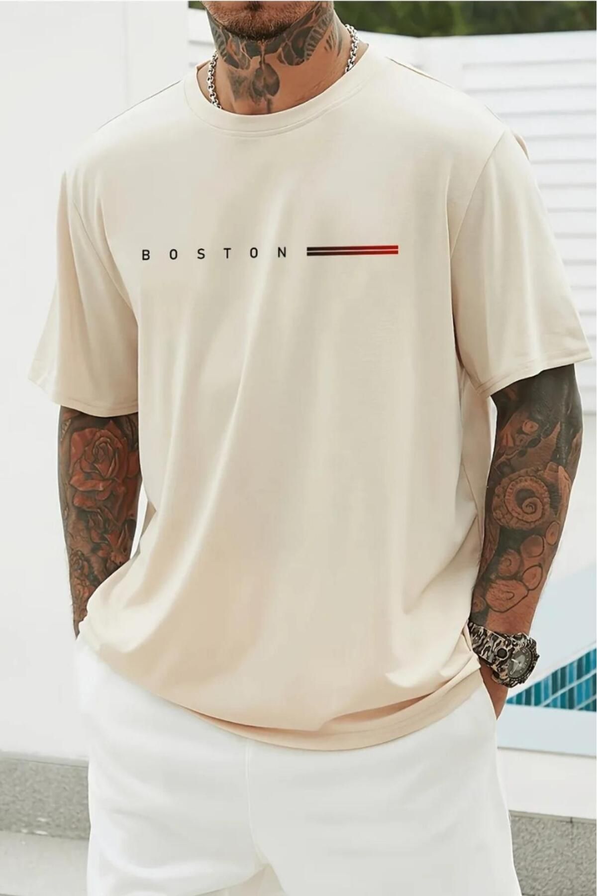NO 601 Erkek Bej Boston Baskılı Oversize Bol Kalıp Battal Tshirt