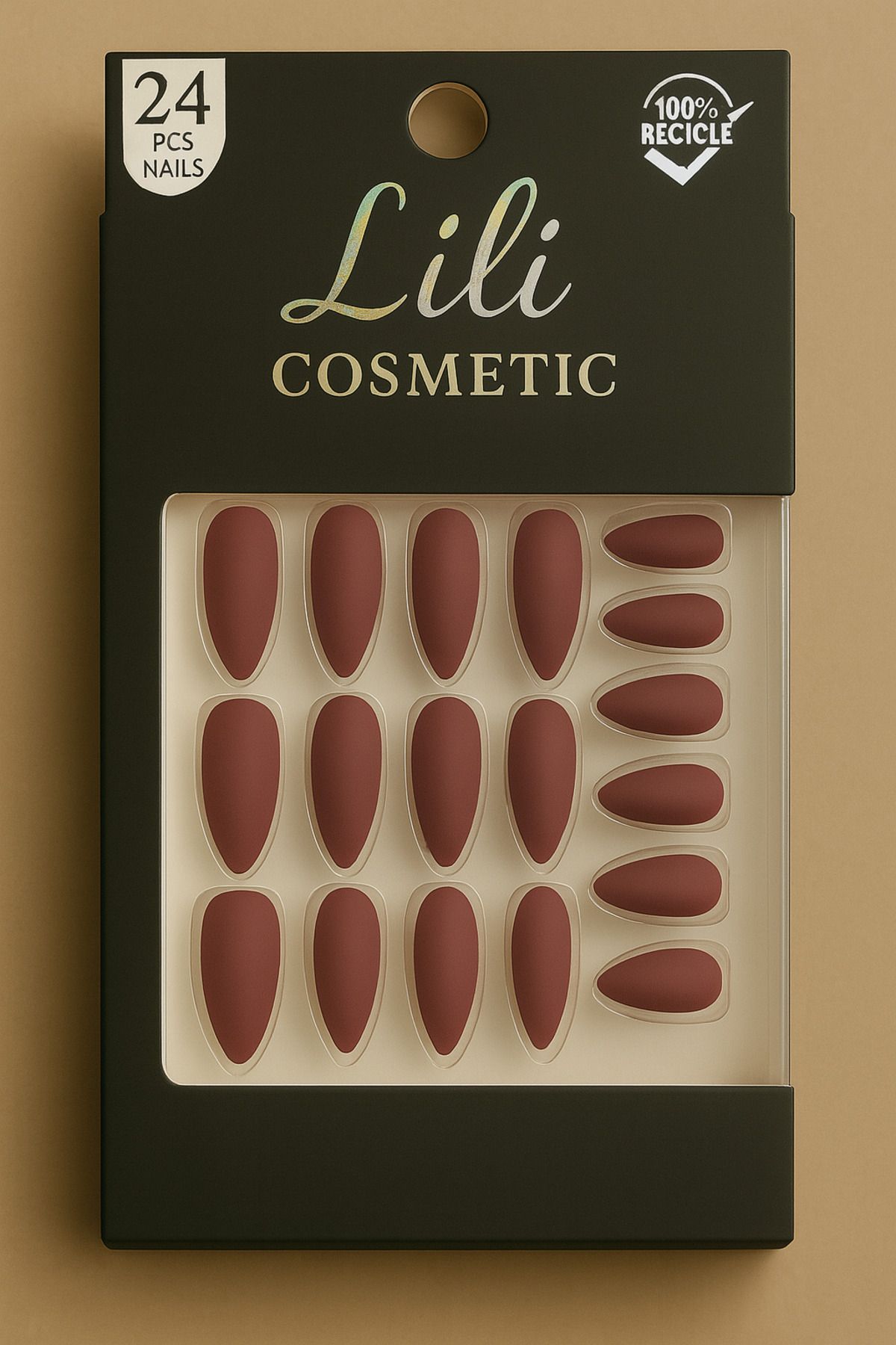 Lili Cosmetic Lüx Koyu Kırmızı Mat 24lü Sivri Takma Tırnak