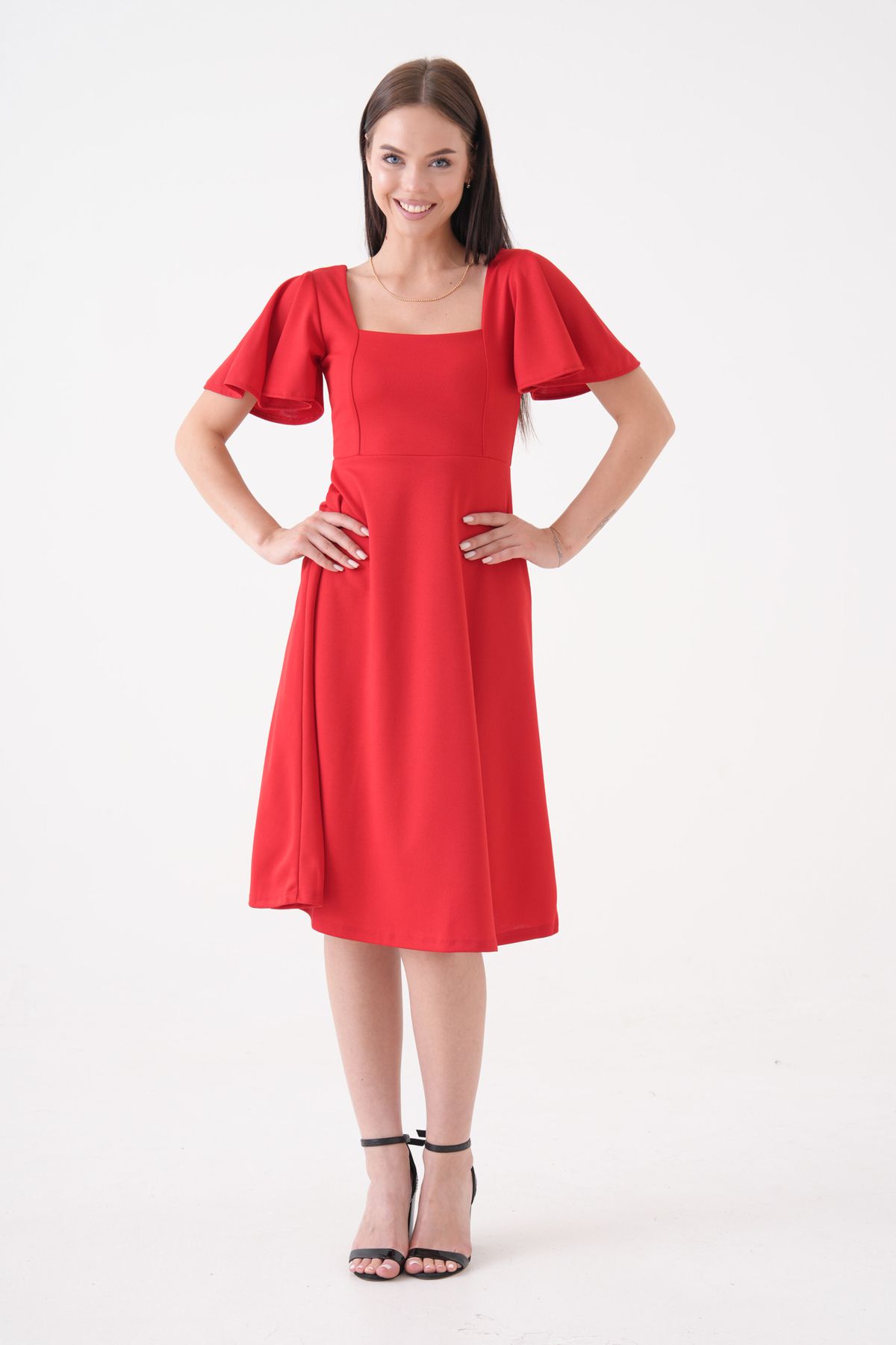 vuvutasarım-New Season Sleeve Detail Flexible Scuba Crepe Fabric Square Collar Midi Length Women's Evening Dress Graduation Dress 082 8