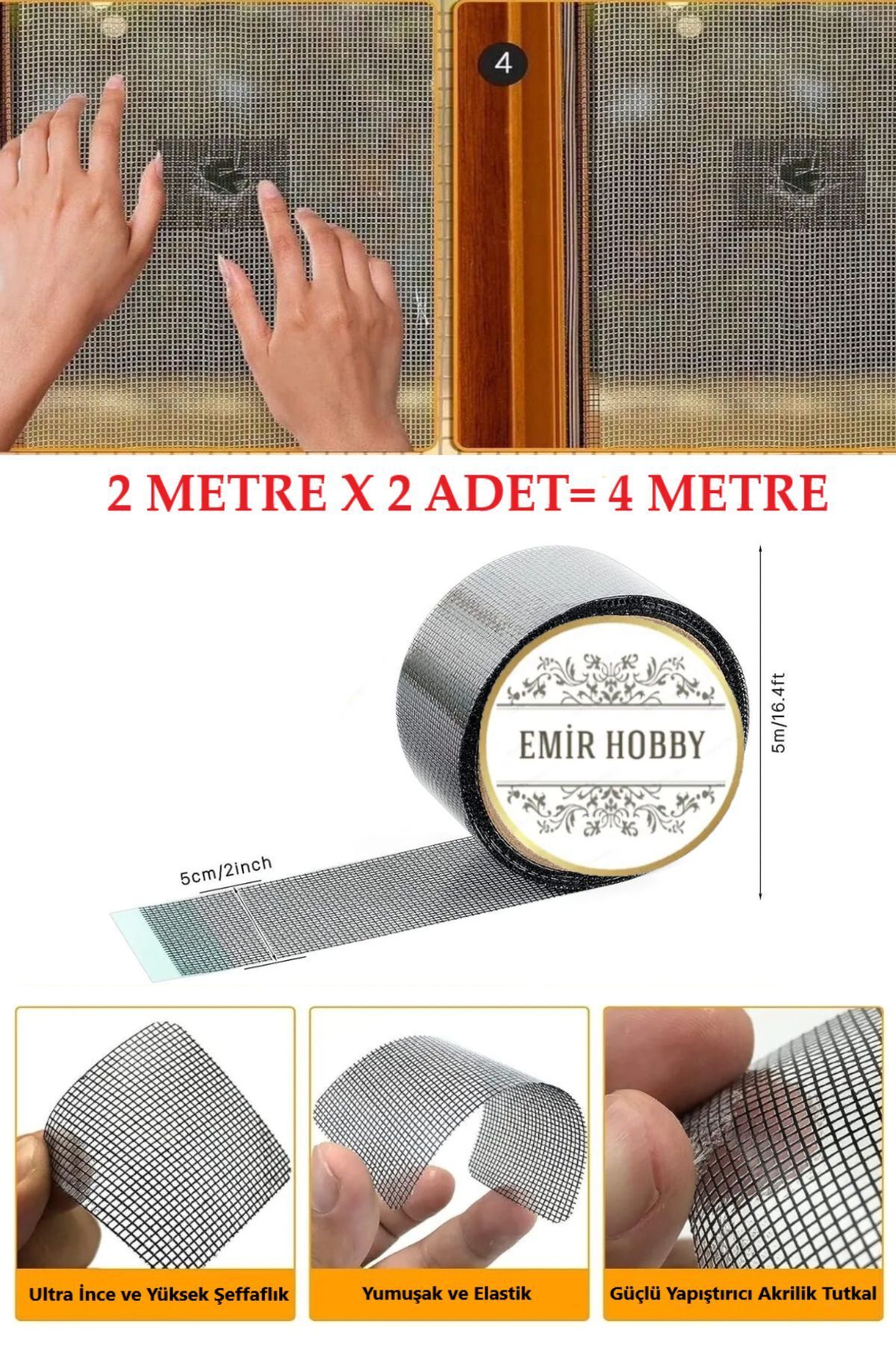 teknotrust Sineklik Yaması 50mmx2mt 2 Adet Tamir Kiti Bantı , Sineklik Yama Tamir Bandı (2X2 = 4 Metre) GRİ